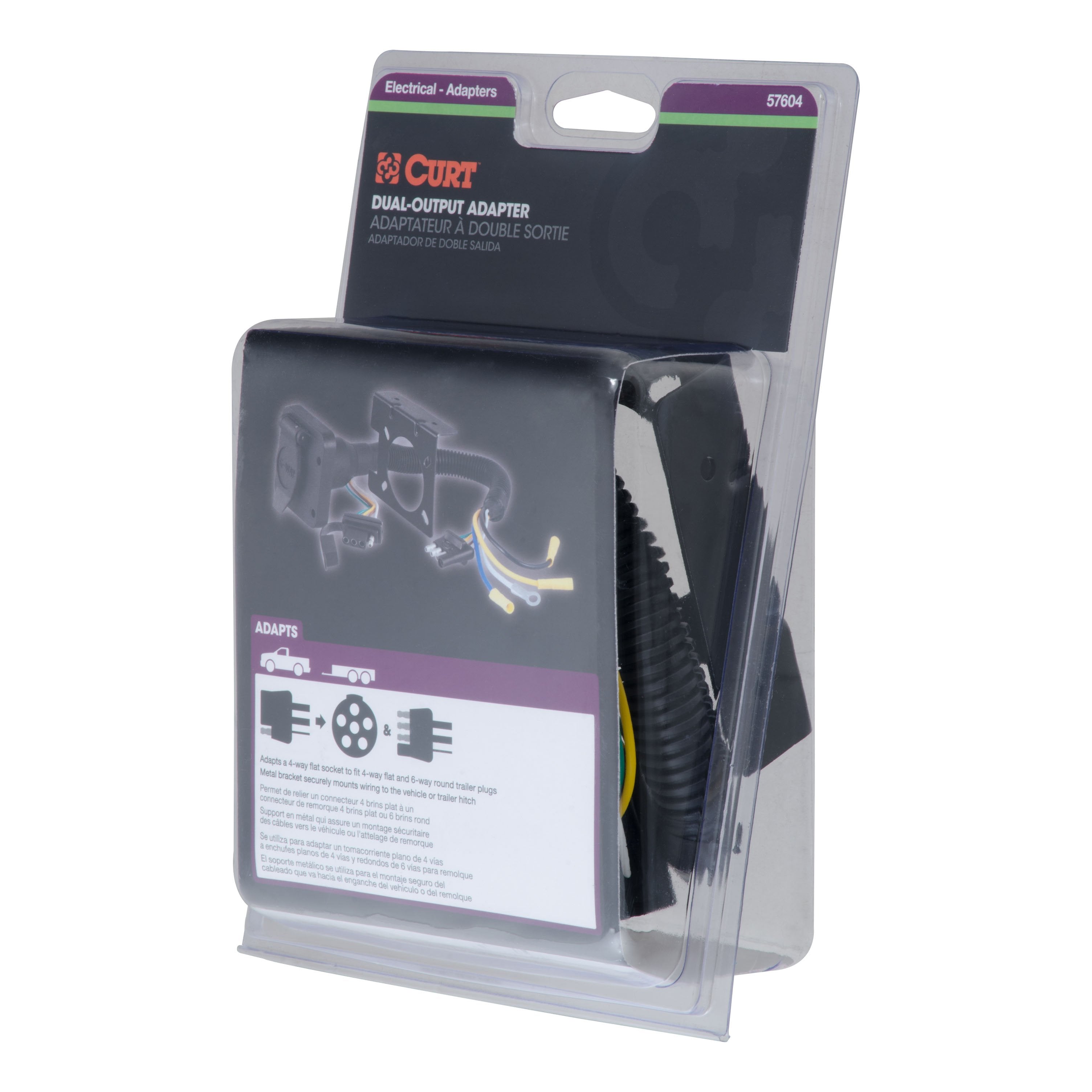 CURT Dual-Output 4-Way Flat Vehicle-Side to 6-Way Round Trailer Wiring Adapter Model 57604