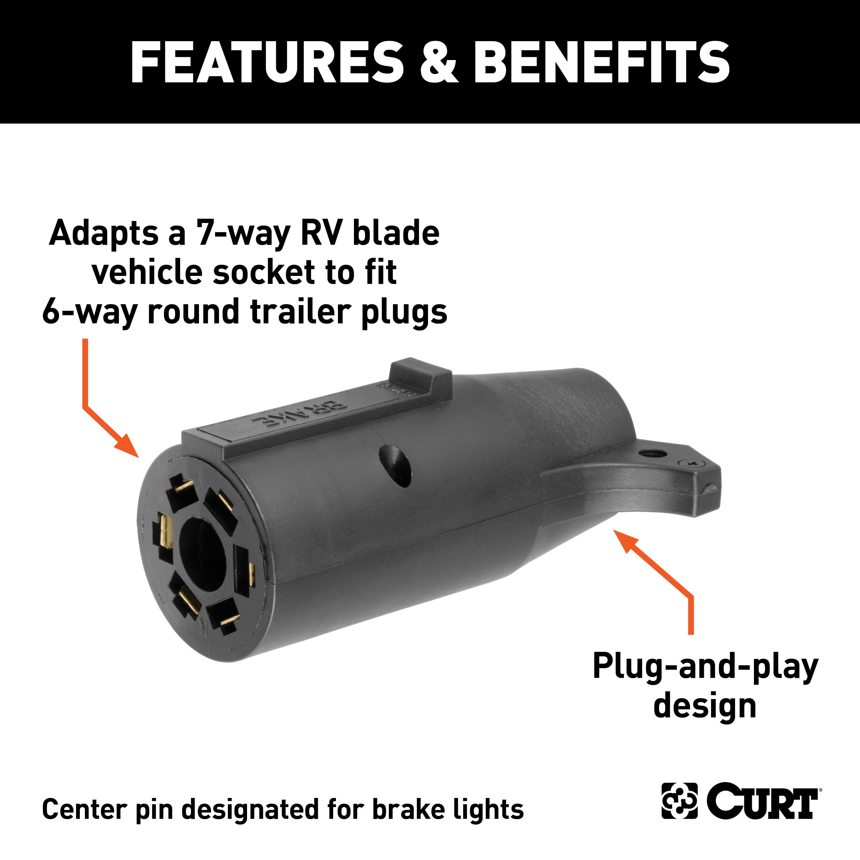CURT 7-Way RV Blade Vehicle-Side to 6-Way Round Trailer Wiring Adapter, Center Pin Brake Lights Model 57661