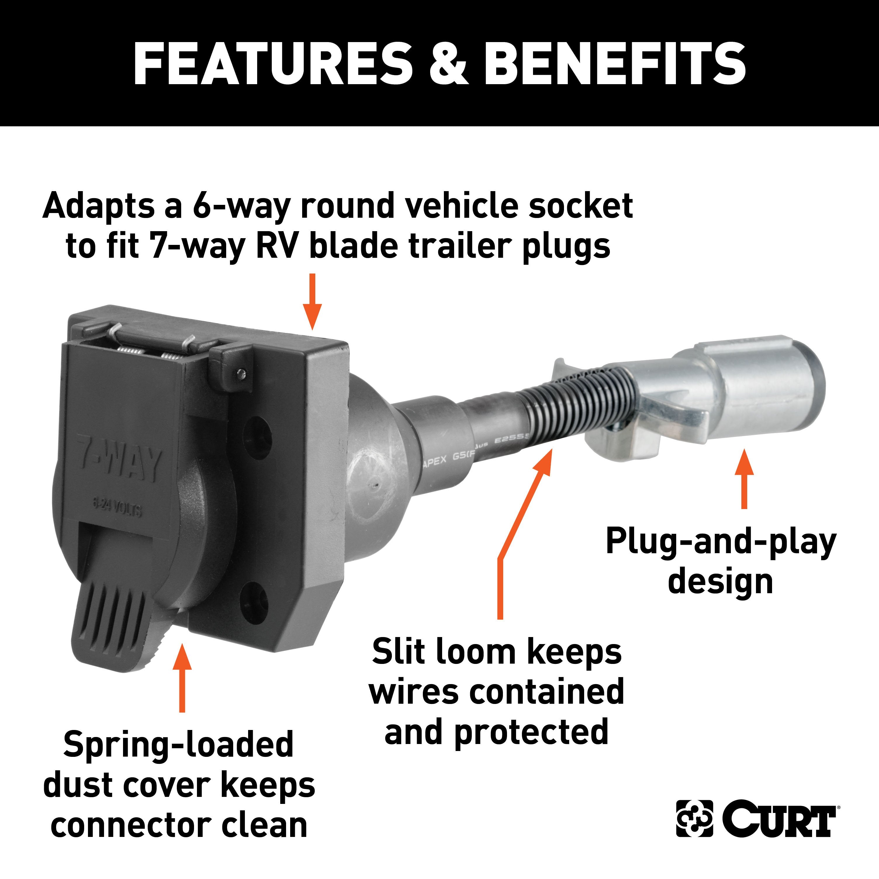 CURT 6-Way Round Vehicle-Side to 7-Way RV Blade Trailer Wiring Adapter Model 57667