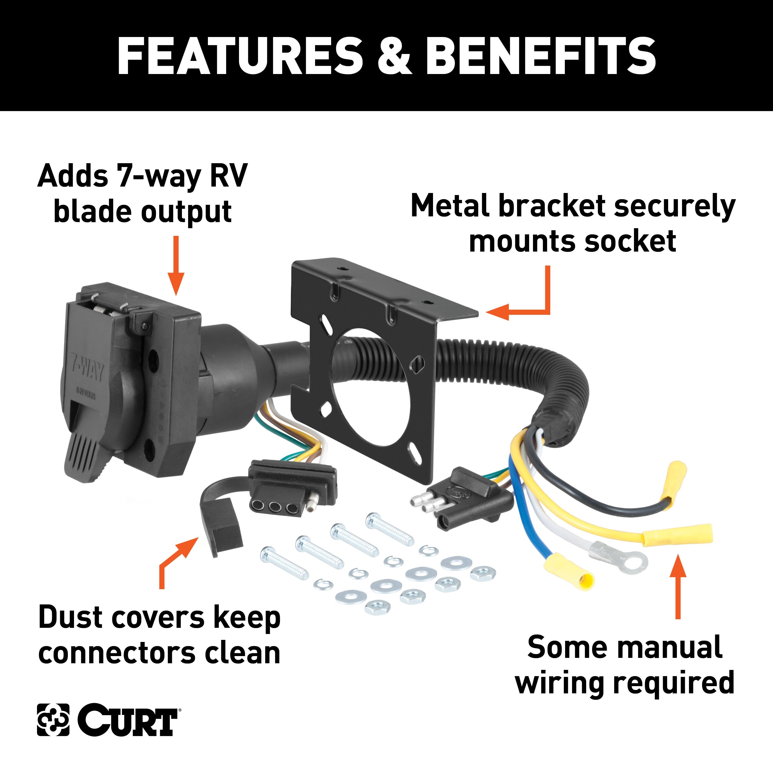 CURT Dual-Output 4-Way Flat Vehicle-Side to 7-Way RV Blade Trailer Wiring Adapter Model 57672