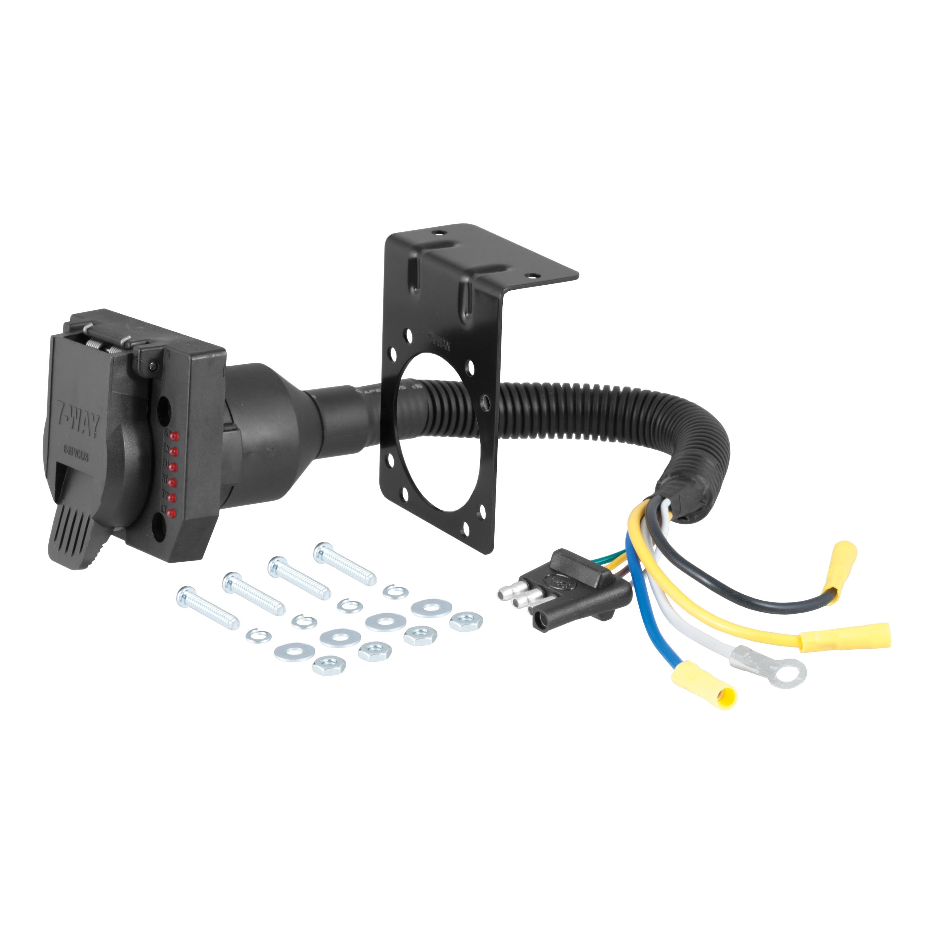 CURT 4-Way Flat Vehicle-Side to 7-Way RV Blade Trailer Wiring Adapter with Tester Model 57676