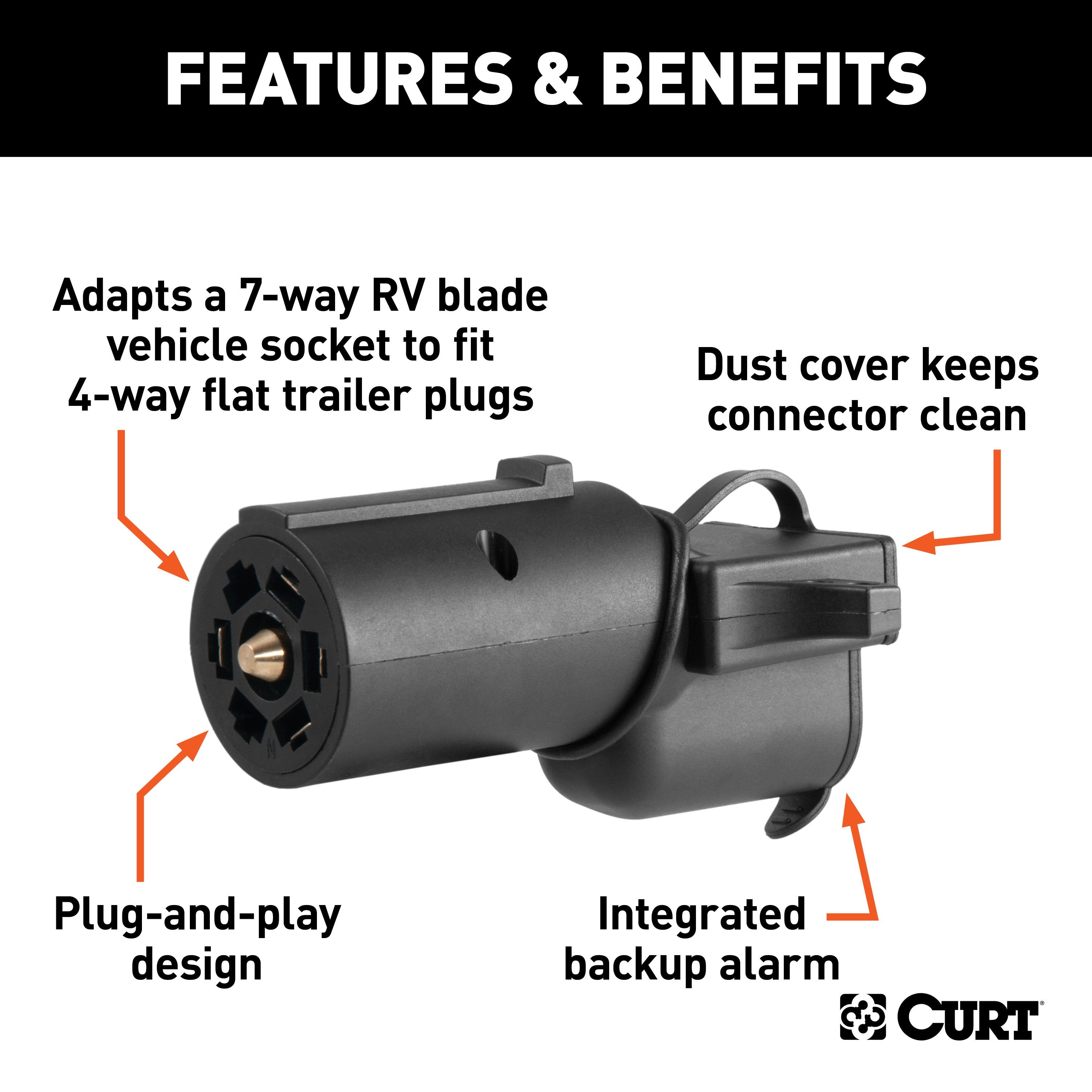 CURT 7-Way RV Blade Vehicle-Side to 4-Way Flat Trailer Wiring Adapter with Backup Alarm Model 57724