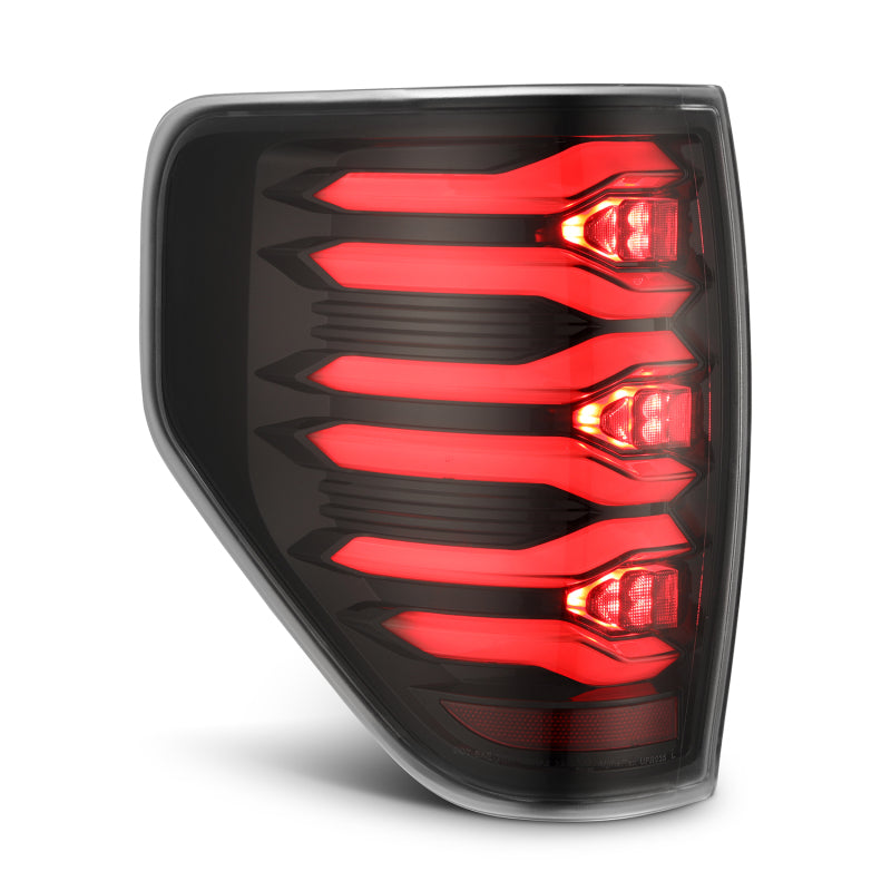 AlphaRex LUXX LED taillights for 09-14 Ford F150 in AlphaBlack housing, featuring a sleek design and bright red illumination.