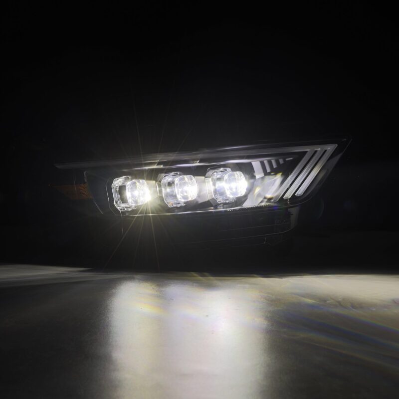 AlphaRex NOVA Series LED projector headlights for 15-17 Ford Mustang in black, showcasing bright illumination and sleek design.
