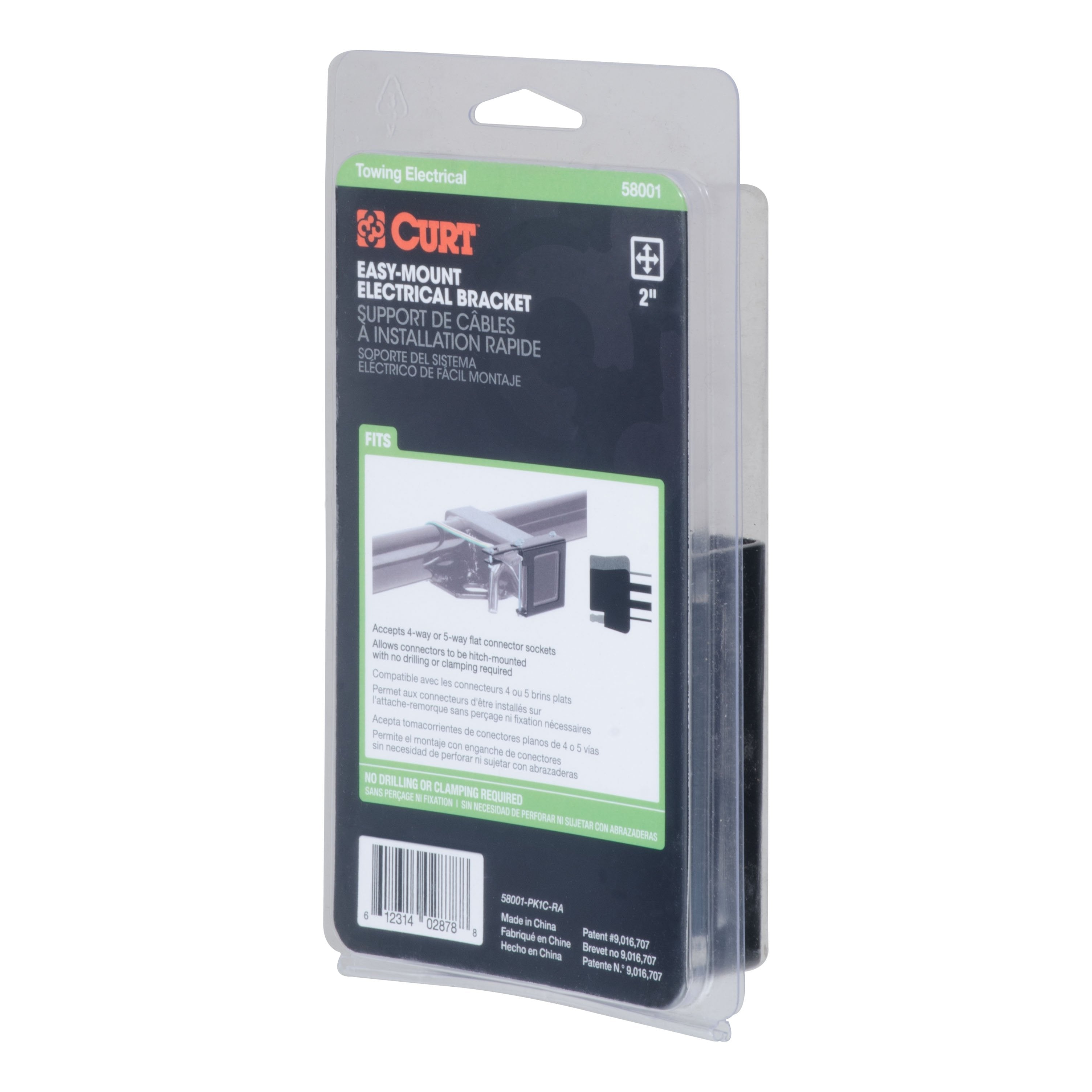 CURT Easy-Mount Vehicle Trailer Wiring Connector Mounting Bracket for 2-Inch Receiver, 4 or 5-Way Flat Model 58001