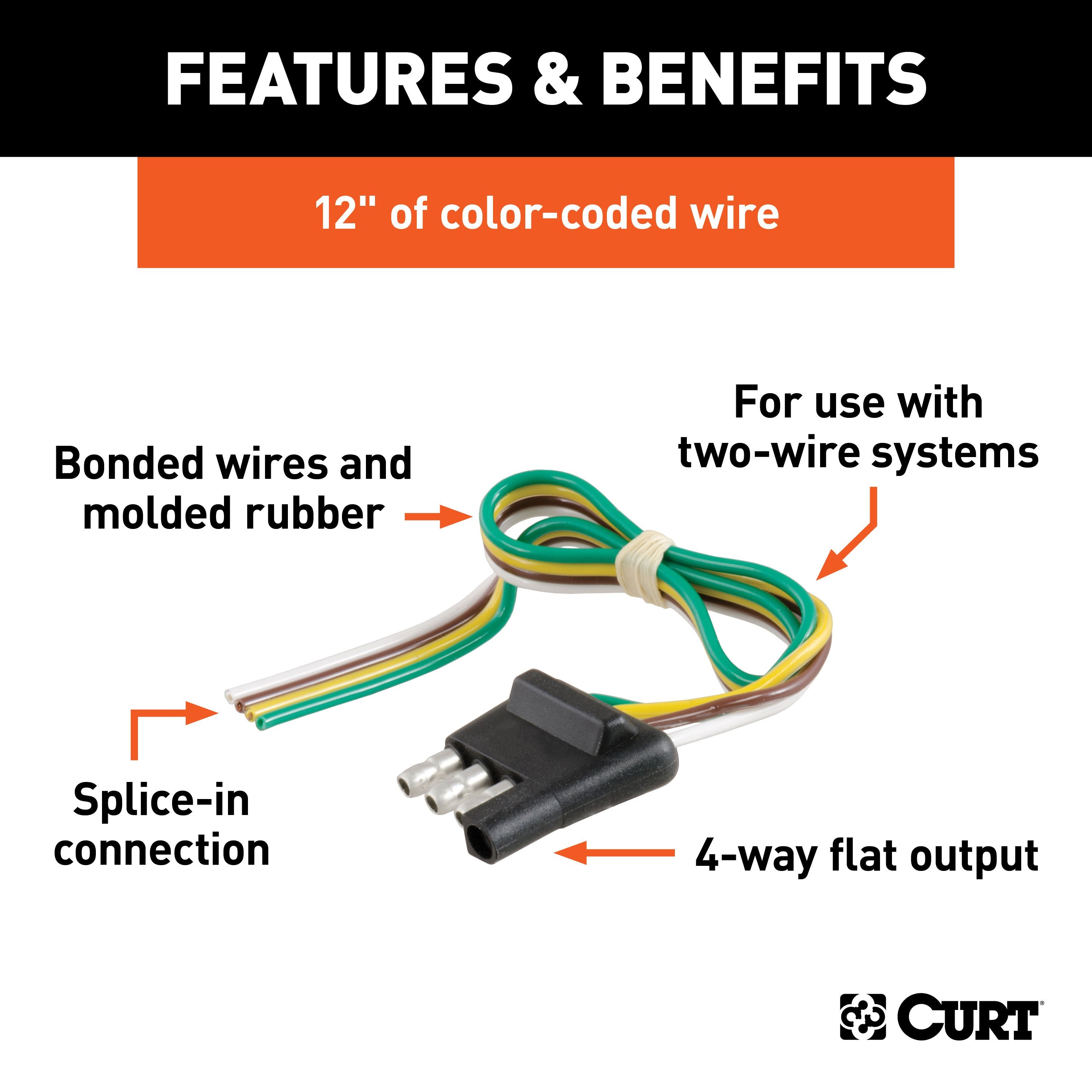CURT Trailer-Side 4-Pin Flat Wiring Harness with 12-Inch Wires Model 58031
