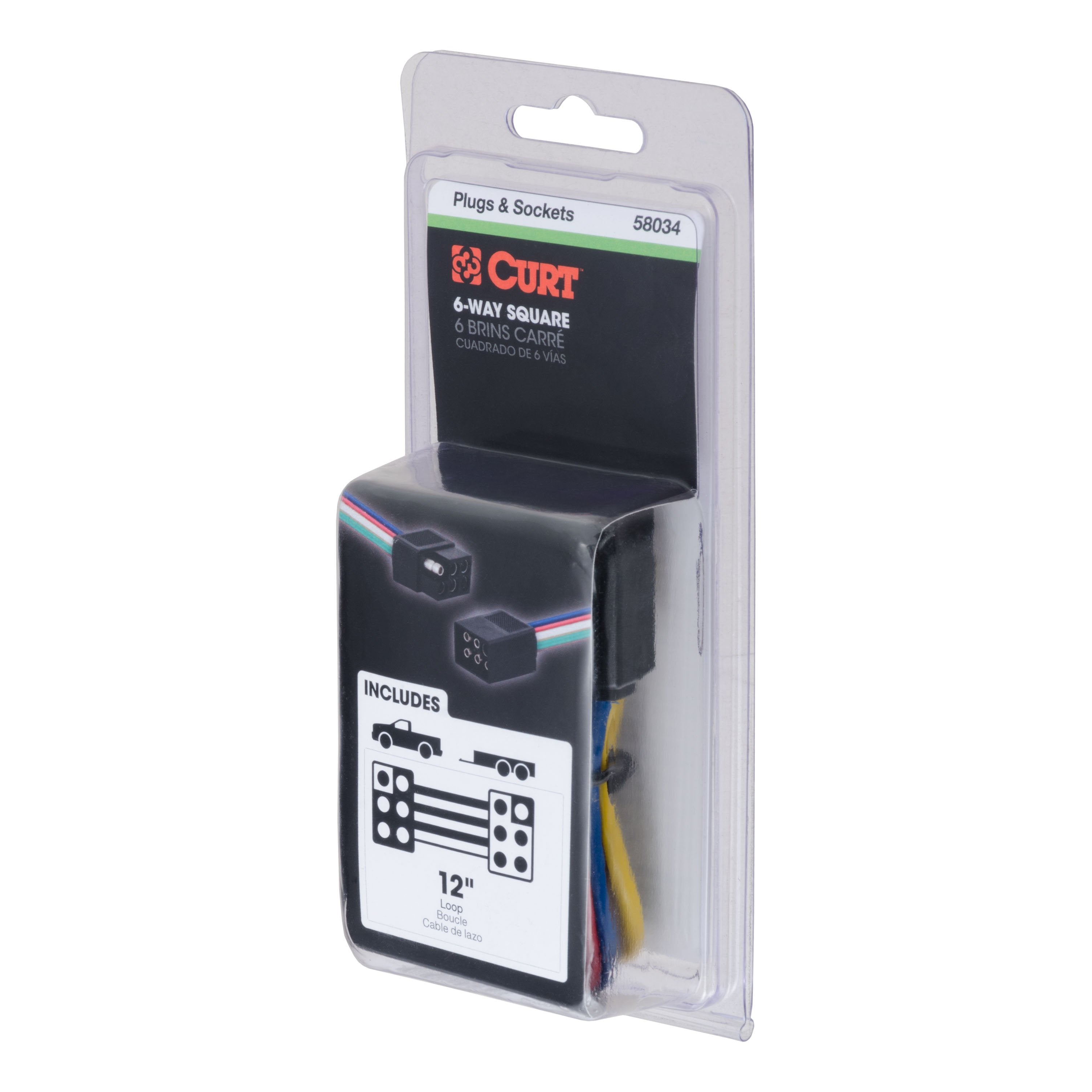 CURT Vehicle-Side and Trailer-Side 6-Pin Square Wiring Harness Connectors with 12-Inch Wires Model 58034
