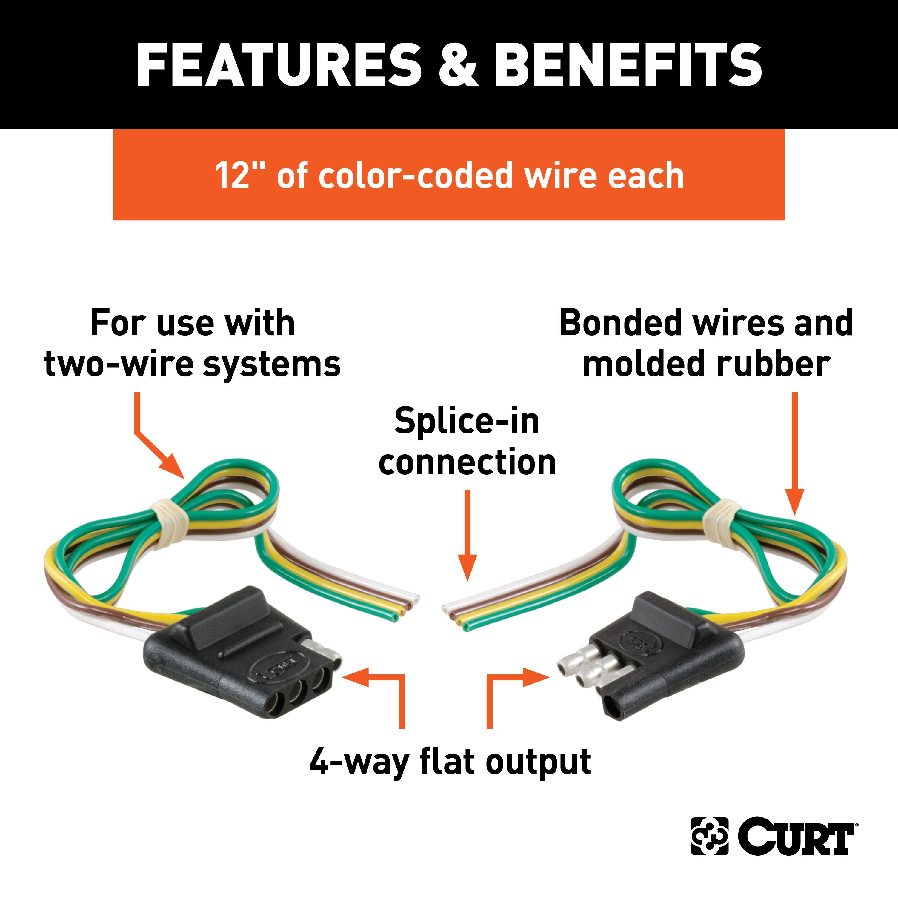 CURT 4-Pin Flat Wiring Harness, 12-Inch Vehicle-Side and Trailer-Side Wires Model 58304