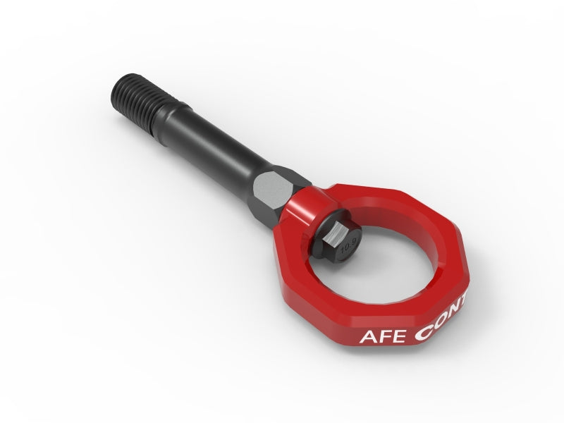 aFe CONTROL Tow Hook for Nissan Z 23-25 V6-3.0L, featuring a durable black shaft and a red ring for enhanced visibility.