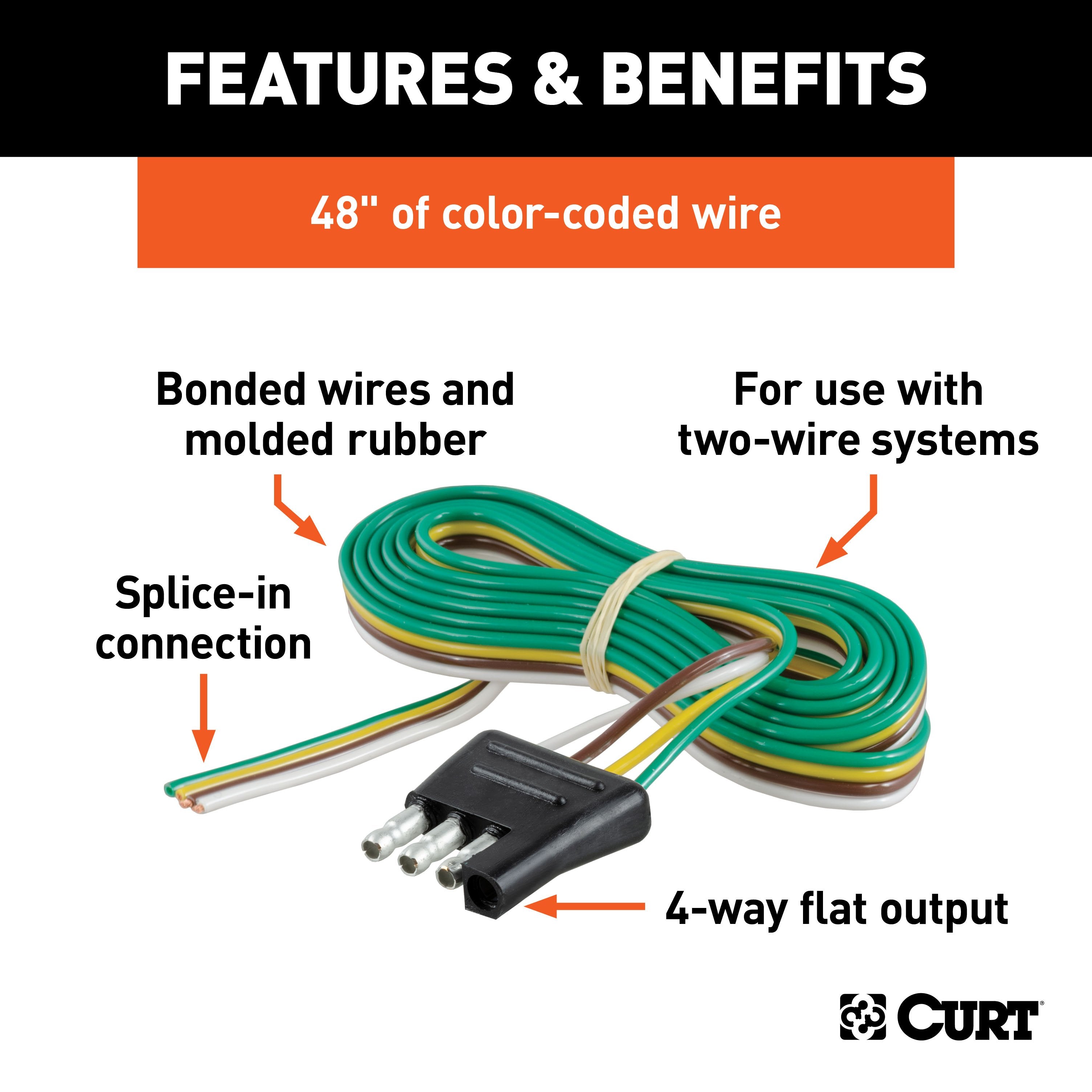 CURT Trailer-Side 4-Pin Flat Wiring Harness with 48-Inch Wires Model 58348