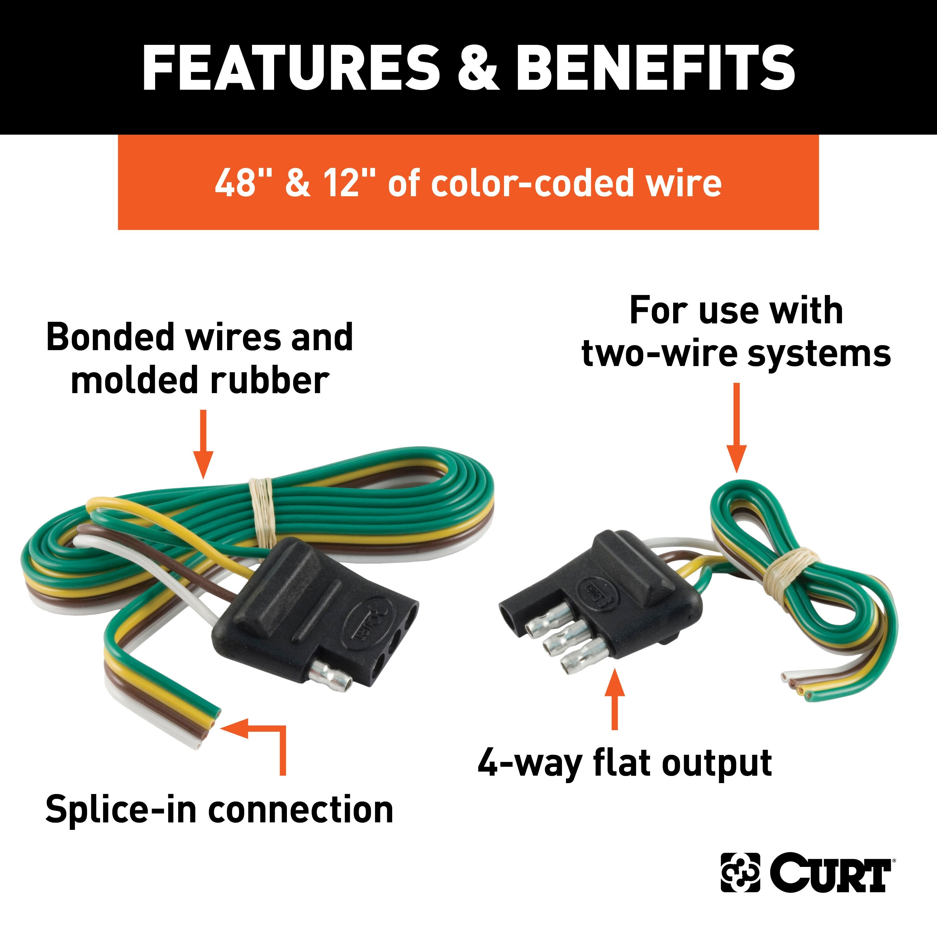 CURT 4-Pin Flat Wiring Harness, 48-Inch Vehicle-Side, 12-Inch Trailer-Side Wires Model 58355