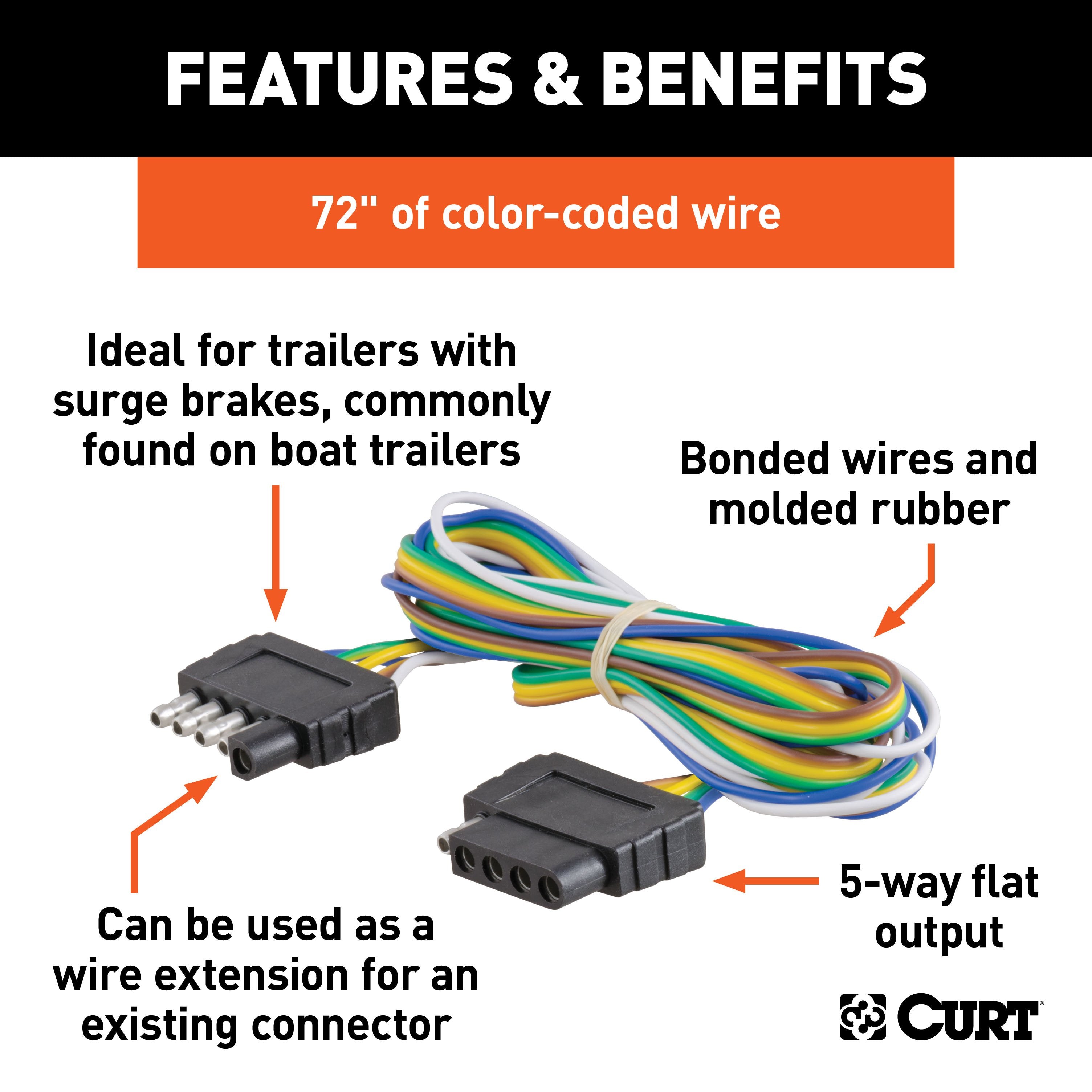 CURT Vehicle-Side and Trailer-Side 5-Pin Flat Wiring Harness with 72-Inch Wires Model 58551