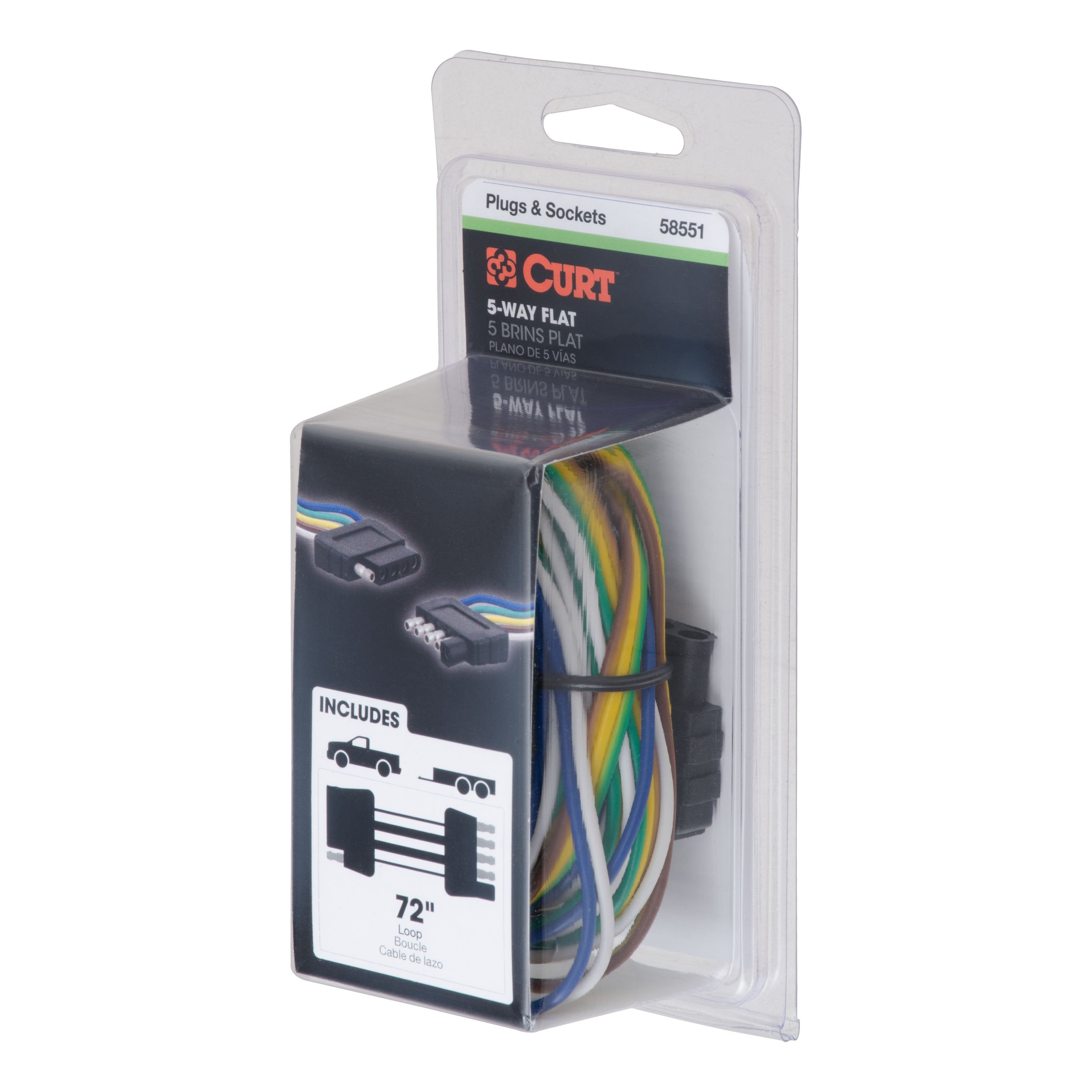 CURT Vehicle-Side and Trailer-Side 5-Pin Flat Wiring Harness with 72-Inch Wires Model 58551