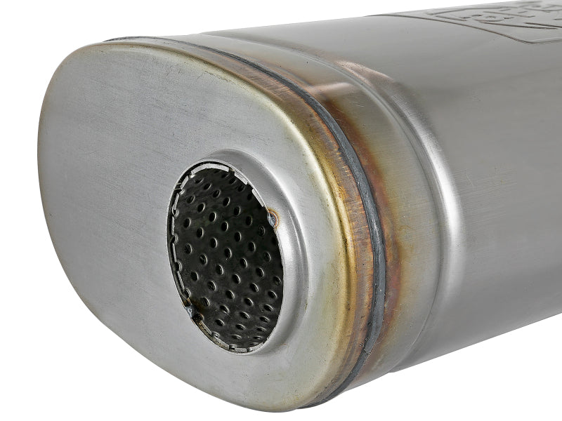 Afe MACH Force-Xp muffler featuring a 2-1/2 inch ID offset design, 18 inch length, and oval body for enhanced performance.