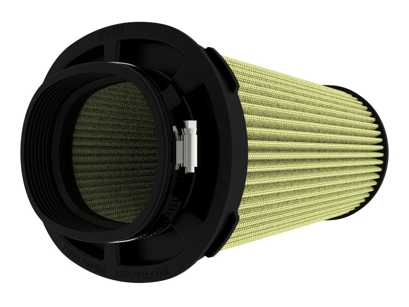 Afe Momentum replacement air filter with a cylindrical design, featuring a black frame and pleated yellow filter material.