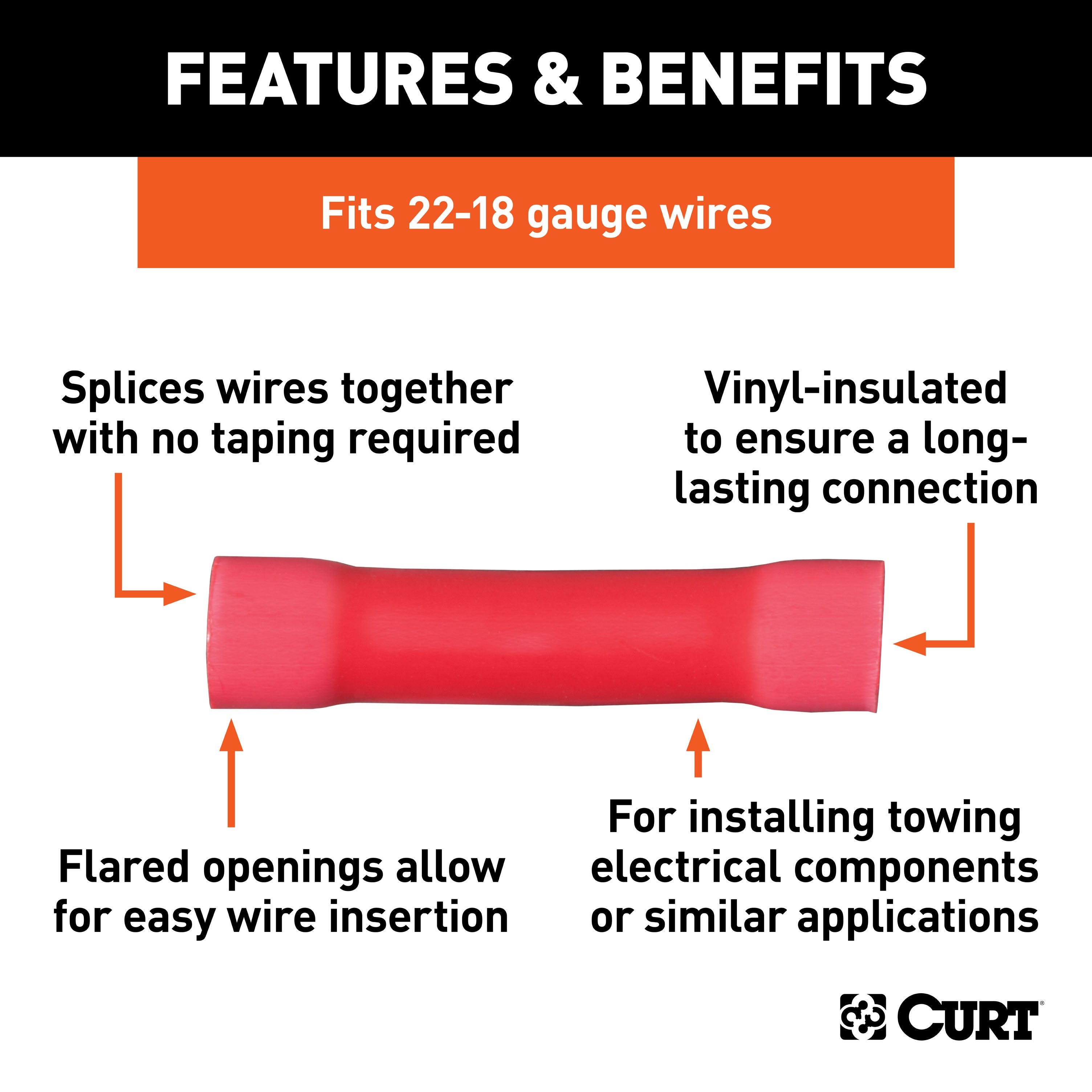 CURT 22-18 Gauge Red Vinyl-Insulated Wire Butt Connectors, 100-Pack Model 59421