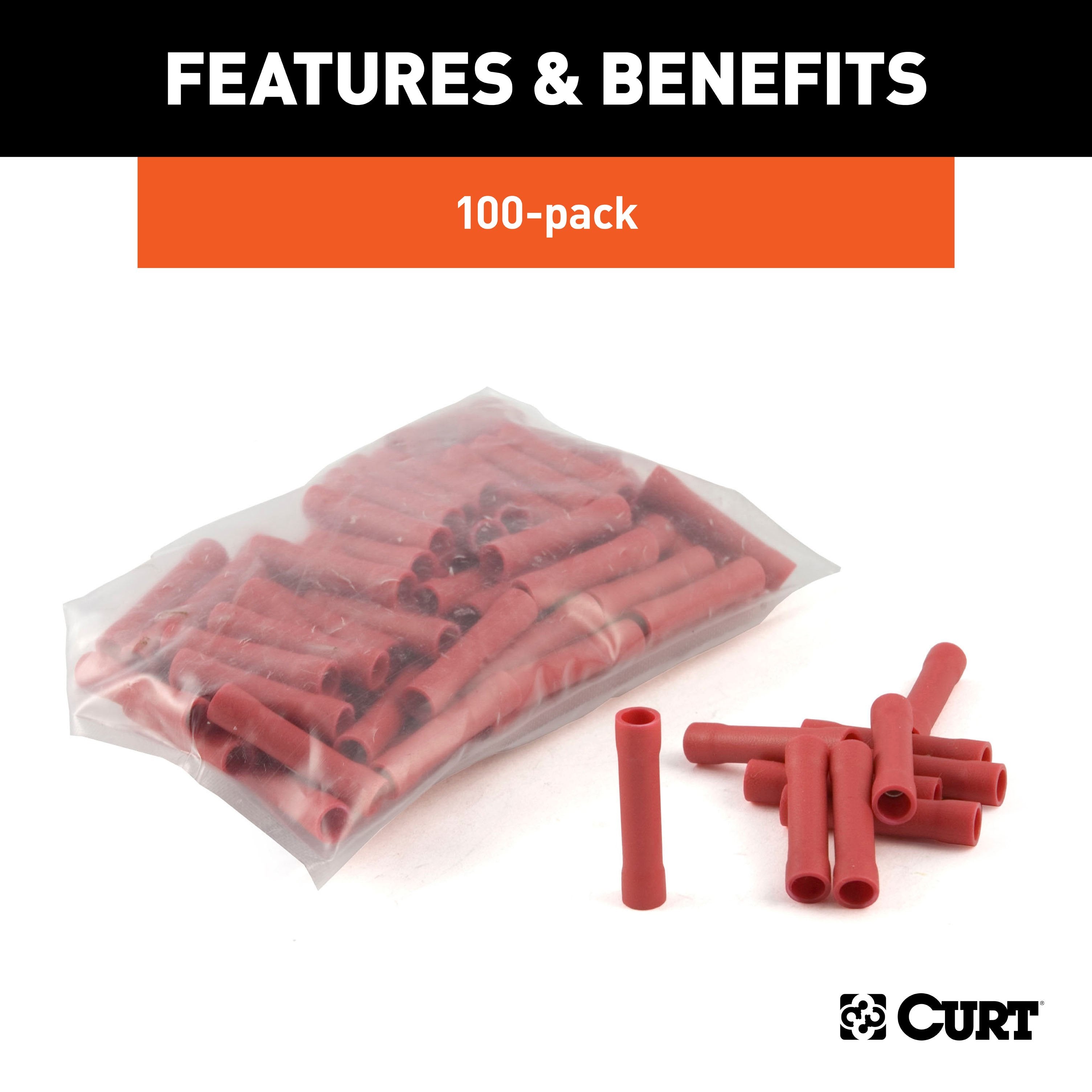 CURT 22-18 Gauge Red Vinyl-Insulated Wire Butt Connectors, 100-Pack Model 59421