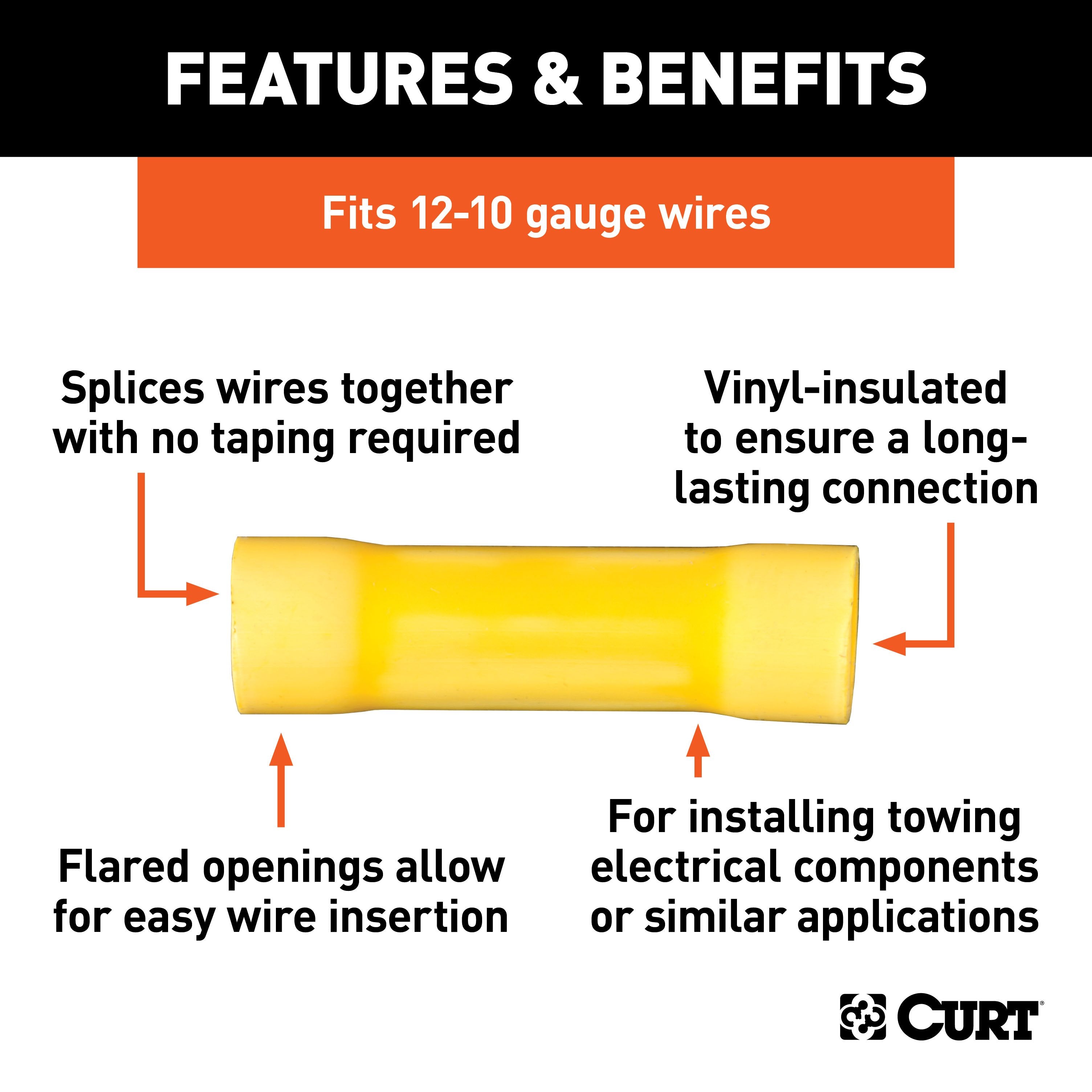 CURT 12-10 Gauge Yellow Vinyl-Insulated Wire Butt Connectors, 100-Pack Model 59423