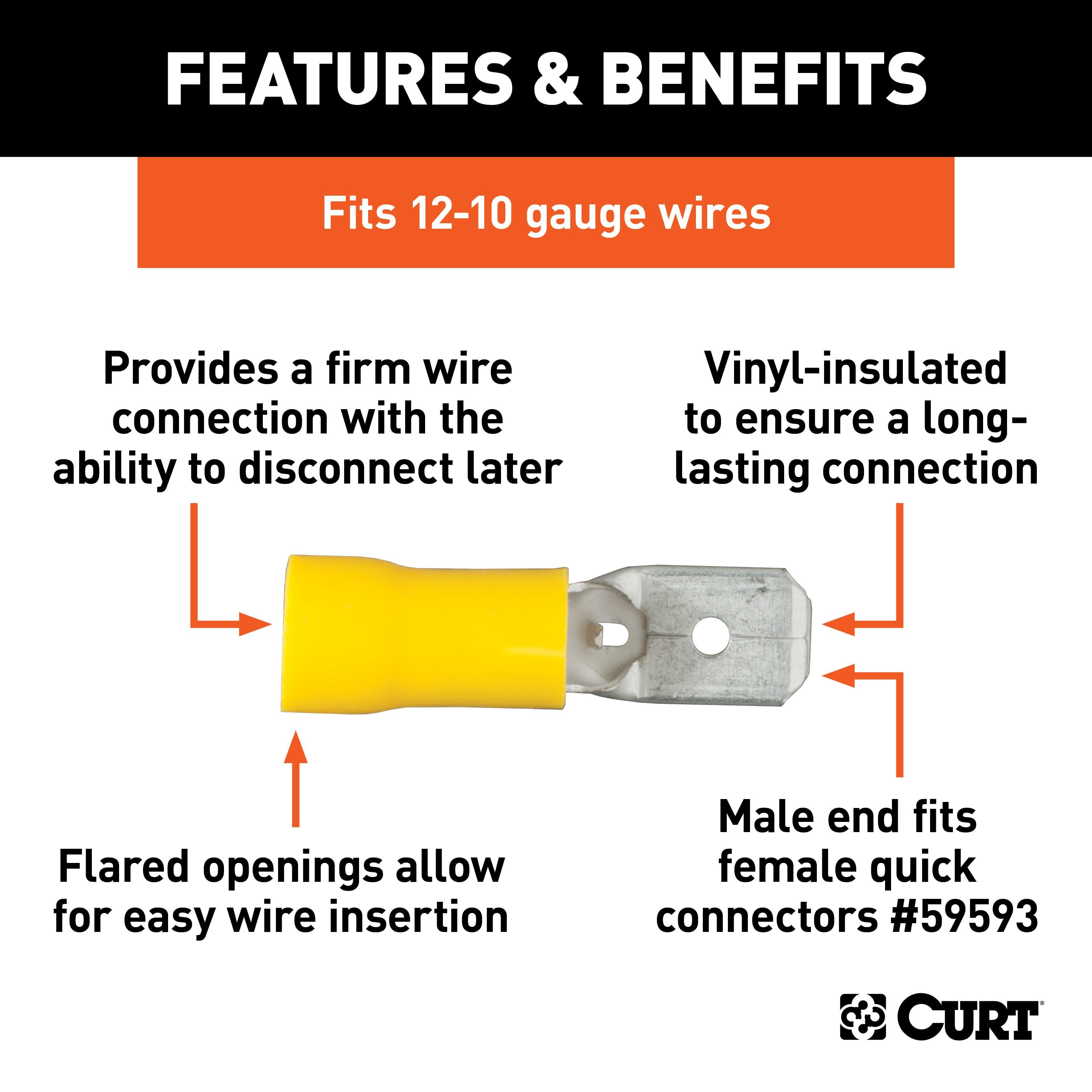 CURT 12-10 Gauge Yellow Vinyl-Insulated Male Wire Quick Connectors, 100-Pack Model 59433