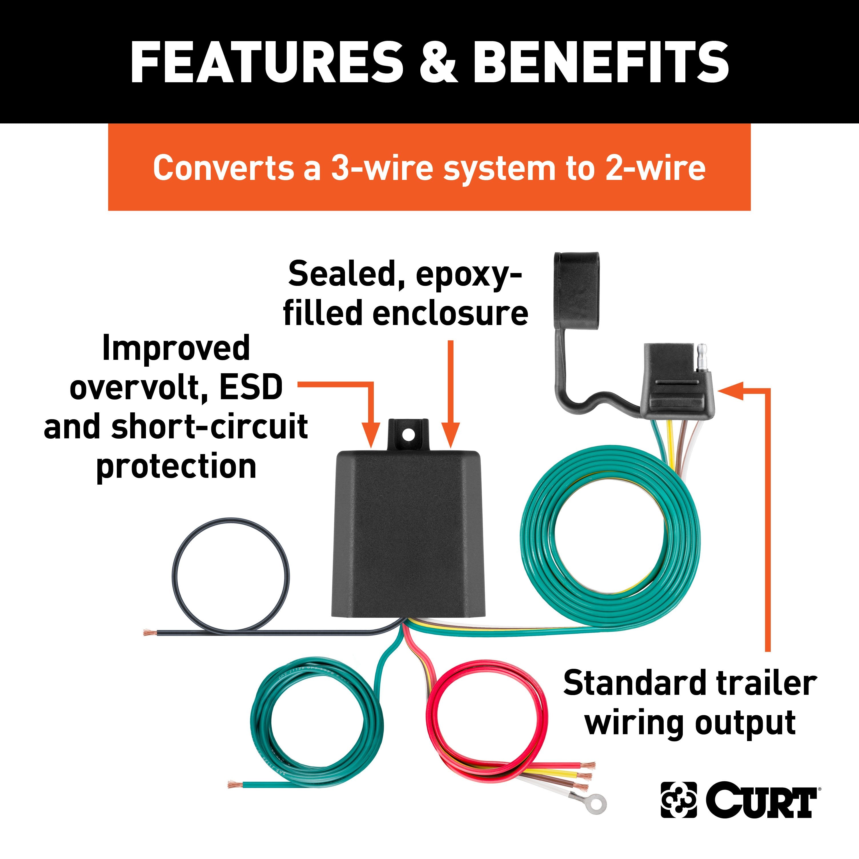 CURT Weather-Resistant Powered 3-to-2-Wire Splice-in Trailer Taillight Converter Kit, 4-Pin Wiring Harness Model 59496