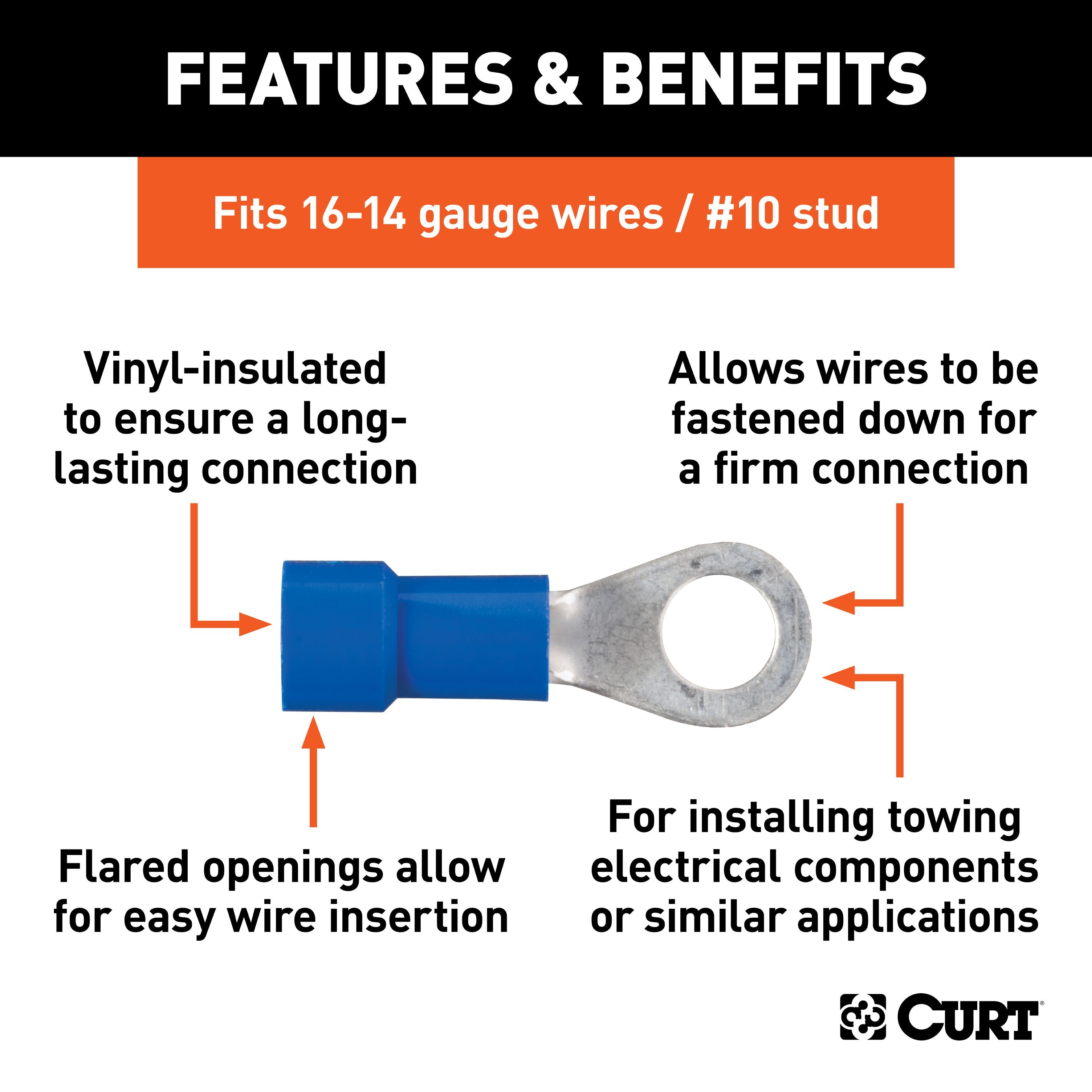 CURT 16-14 Gauge Blue Vinyl-Insulated Ring Terminal Wire Connectors, #10 Stud, 100-Pack Model 59521