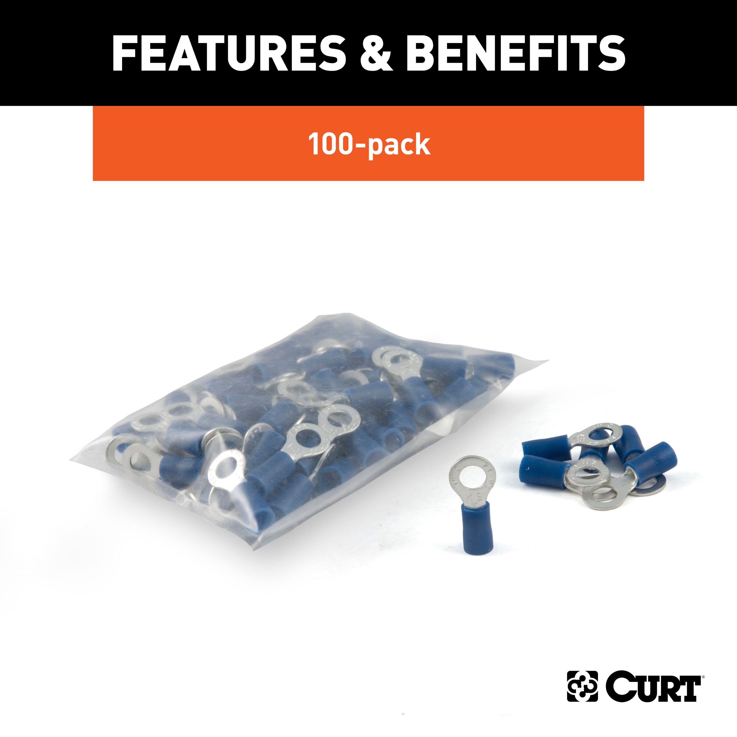 CURT 16-14 Gauge Blue Vinyl-Insulated Ring Terminal Wire Connectors, #10 Stud, 100-Pack Model 59521