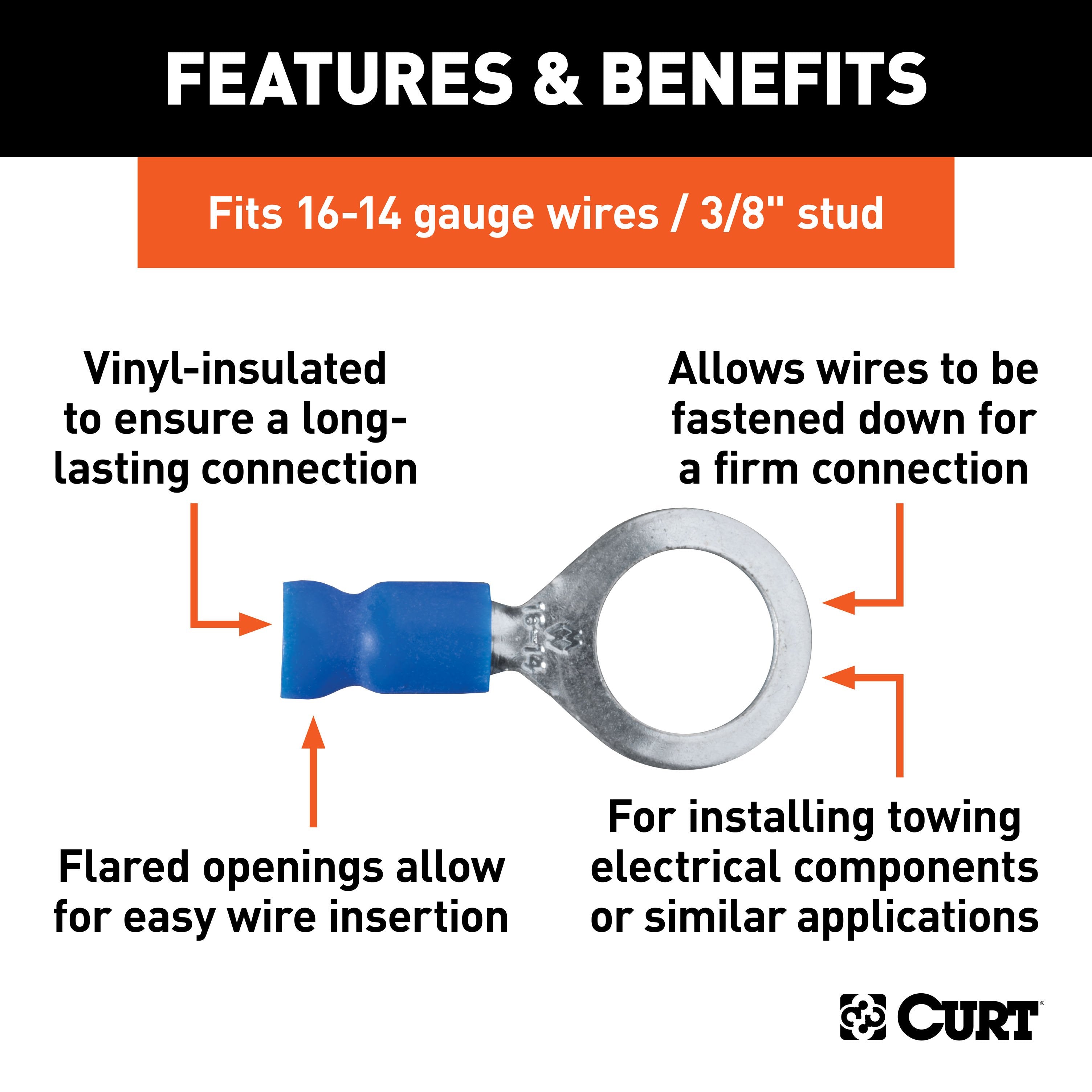 CURT 16-14 Gauge Blue Vinyl-Insulated Ring Terminal Wire Connectors, 3/8-Inch Stud, 100-Pack Model 59523