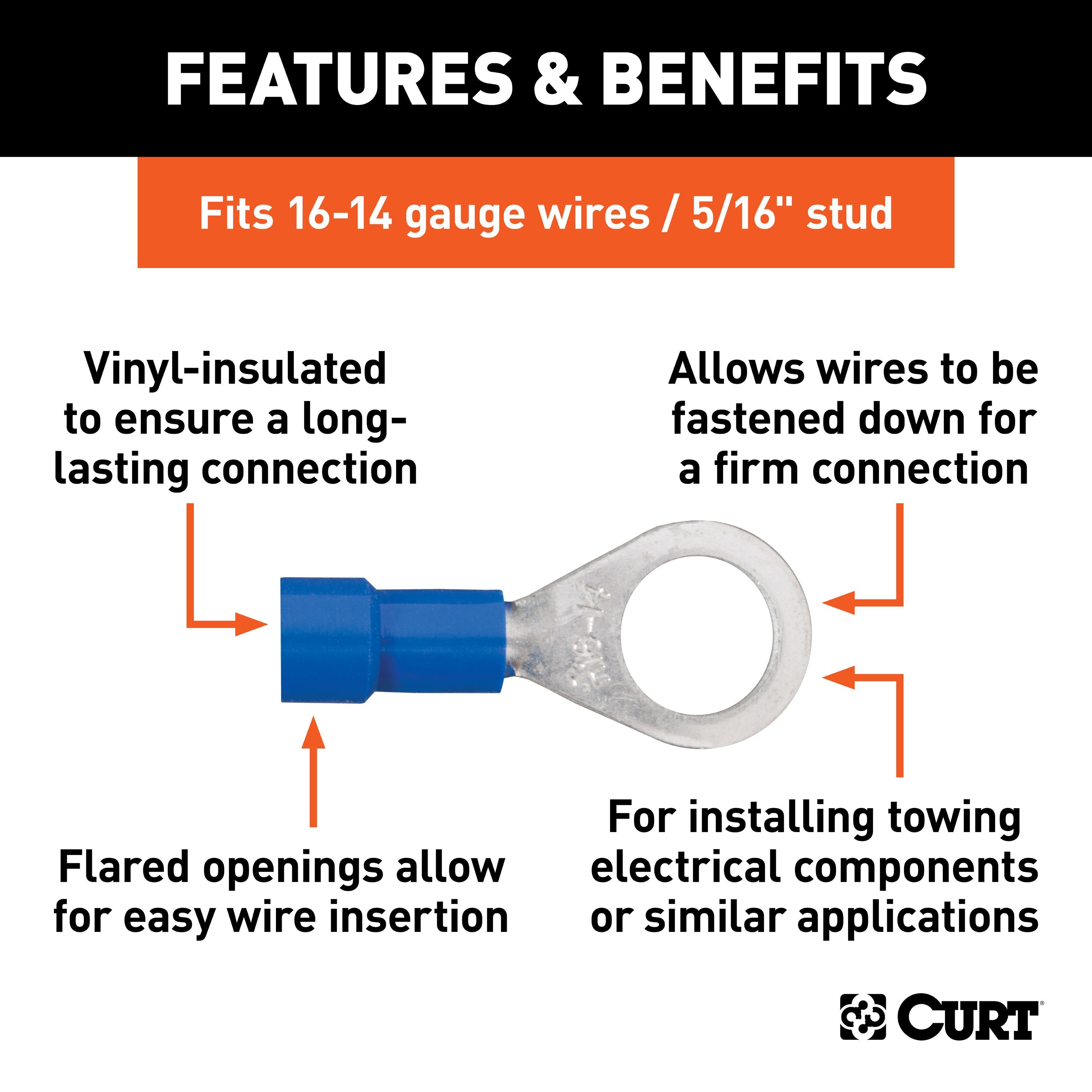 CURT 16-14 Gauge Blue Vinyl-Insulated Ring Terminal Wire Connectors, 5/16-Inch Stud, 100-Pack Model 59525