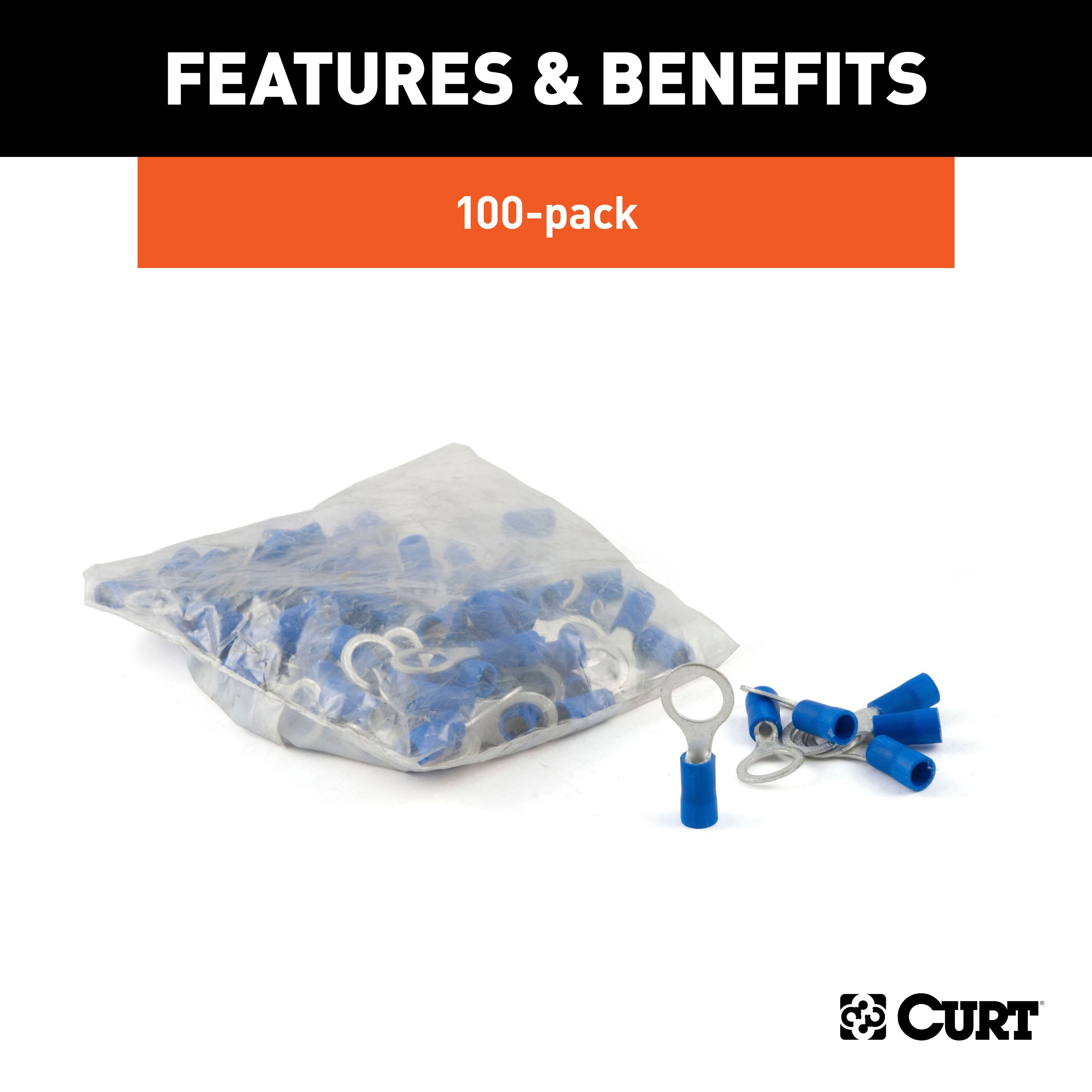 CURT 16-14 Gauge Blue Vinyl-Insulated Ring Terminal Wire Connectors, 5/16-Inch Stud, 100-Pack Model 59525