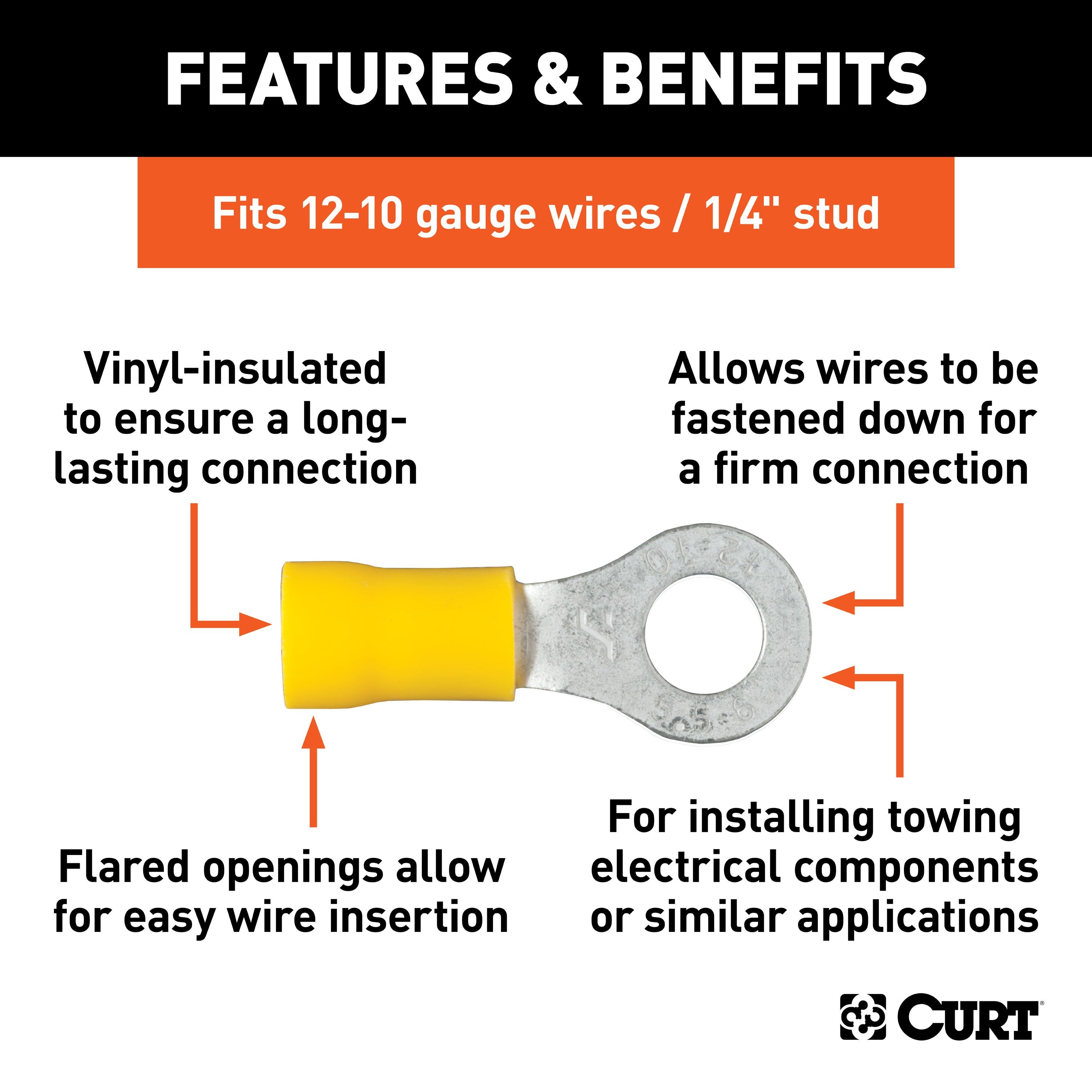CURT 12-10 Gauge Yellow Vinyl-Insulated Ring Terminal Wire Connectors, 1/4-Inch Stud, 100-Pack Model 59534