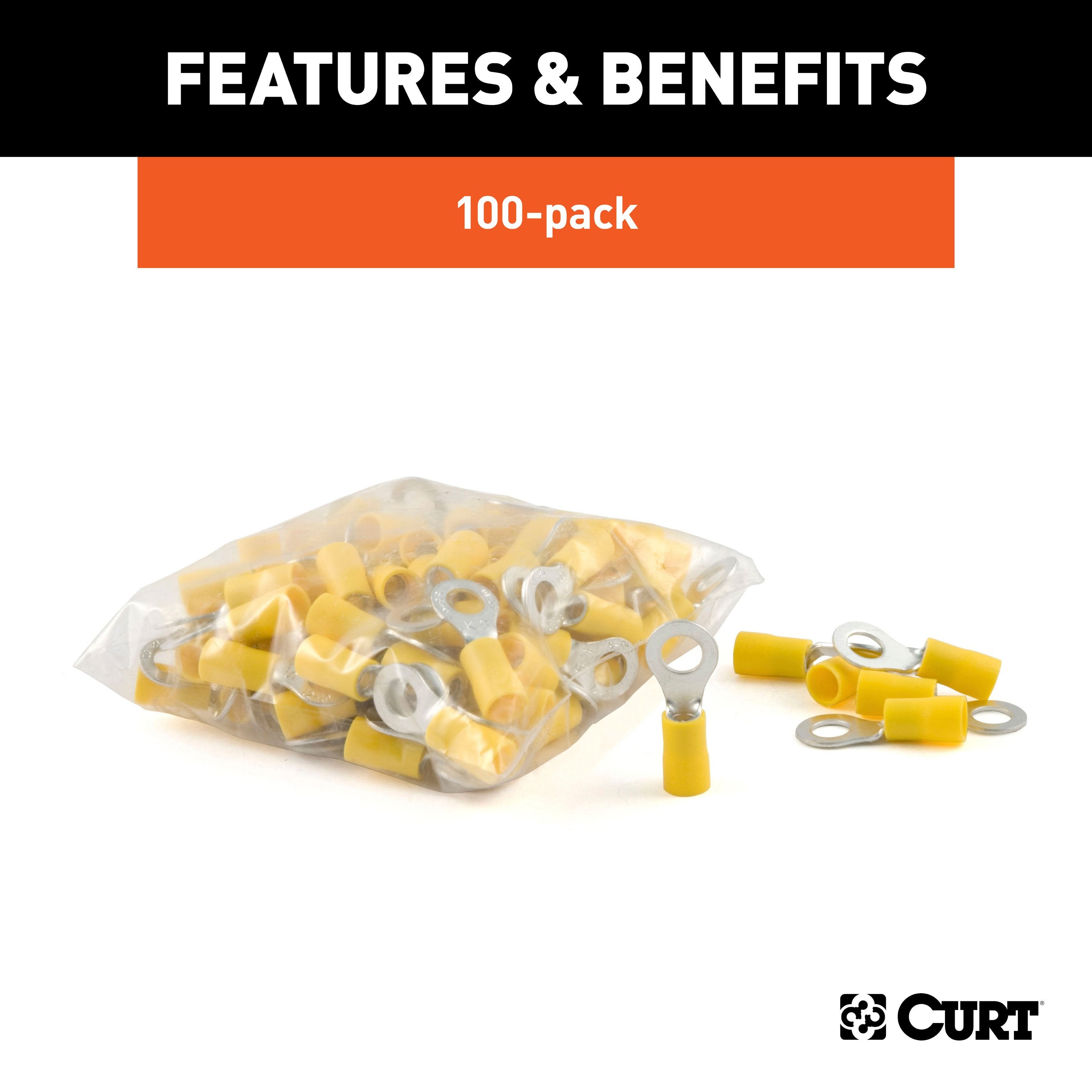 CURT 12-10 Gauge Yellow Vinyl-Insulated Ring Terminal Wire Connectors, 1/4-Inch Stud, 100-Pack Model 59534
