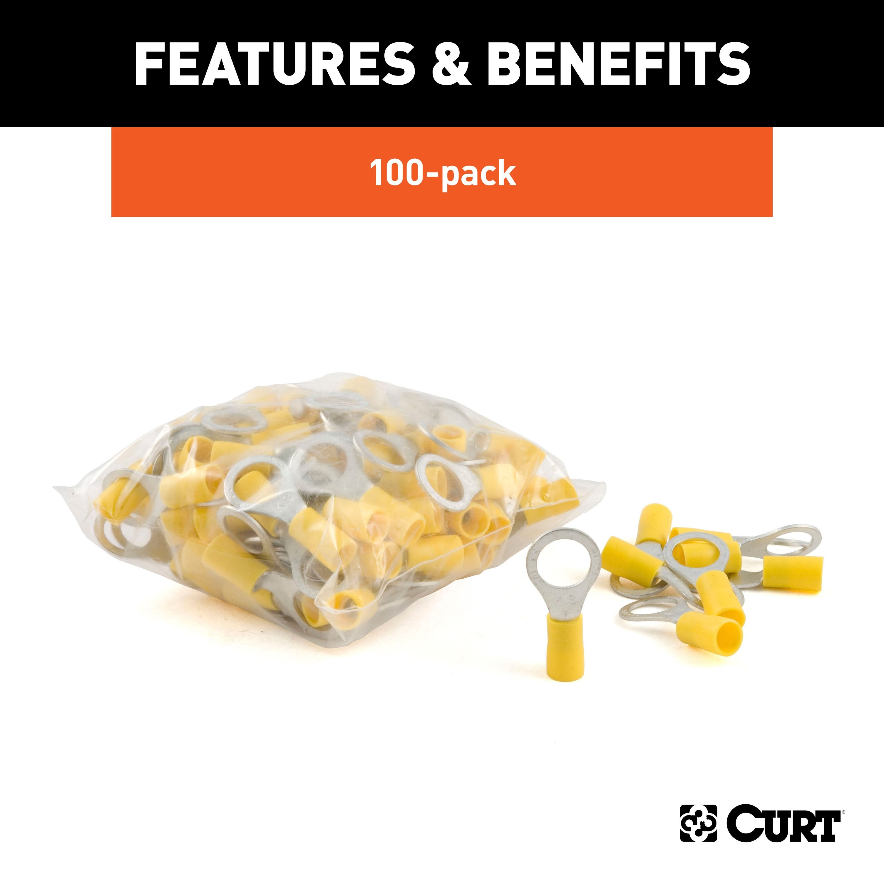 CURT 12-10 Gauge Yellow Vinyl-Insulated Ring Terminal Wire Connectors, 3/8-Inch Stud, 100-Pack Model 59538