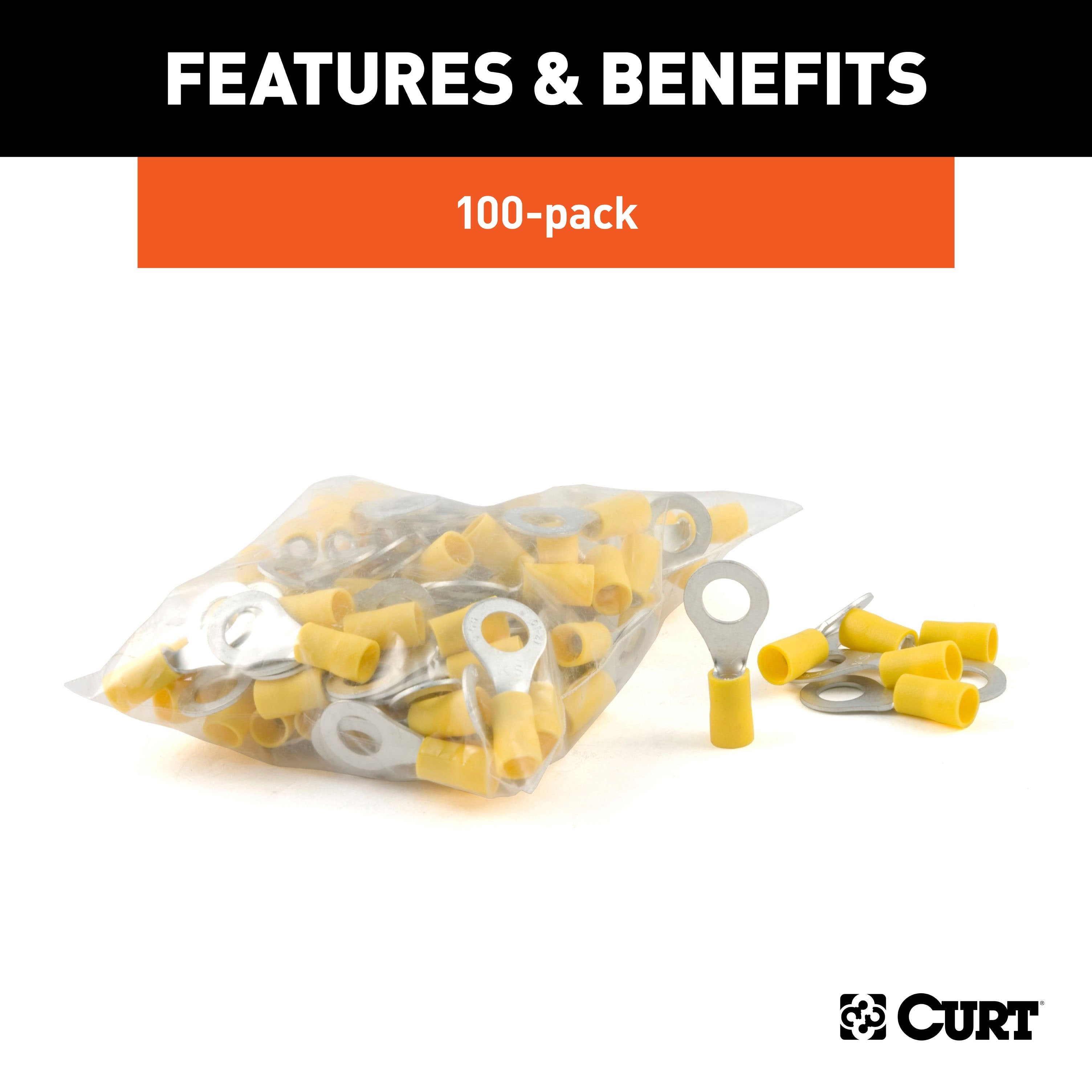 CURT 12-10 Gauge Yellow Vinyl-Insulated Ring Terminal Wire Connectors, 5/16-Inch Stud, 100-Pack Model 59556