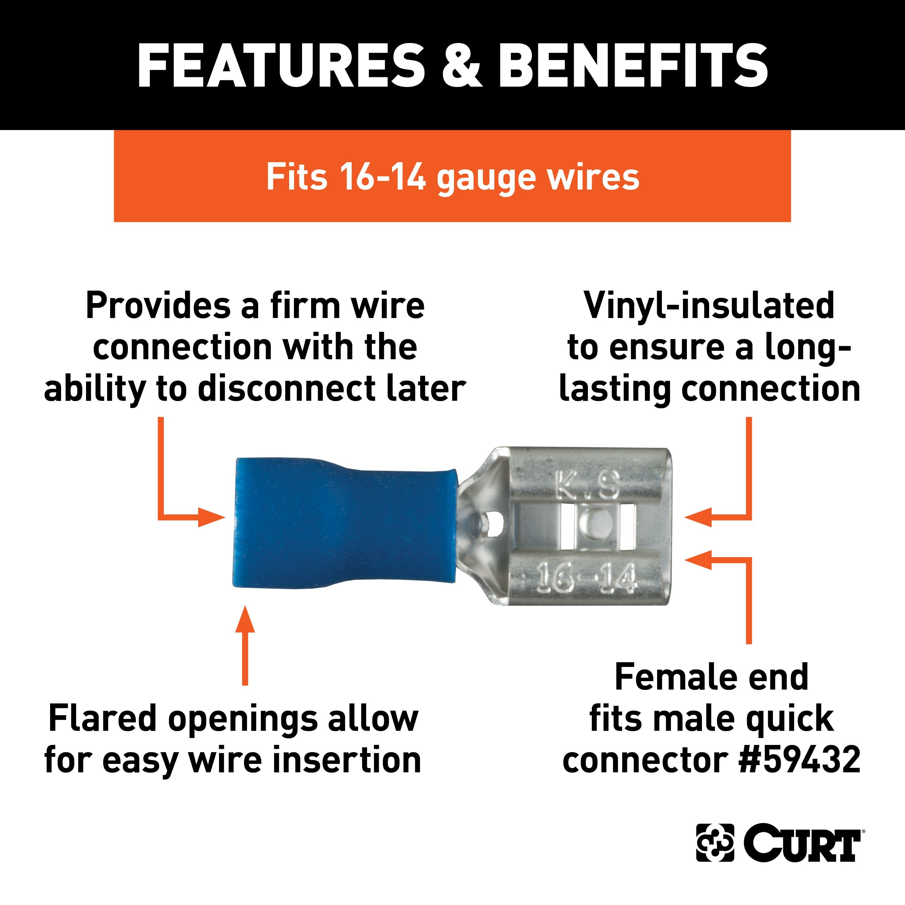 CURT 16-14 Gauge Blue Vinyl-Insulated Female Wire Quick Connectors, 100-Pack Model 59592