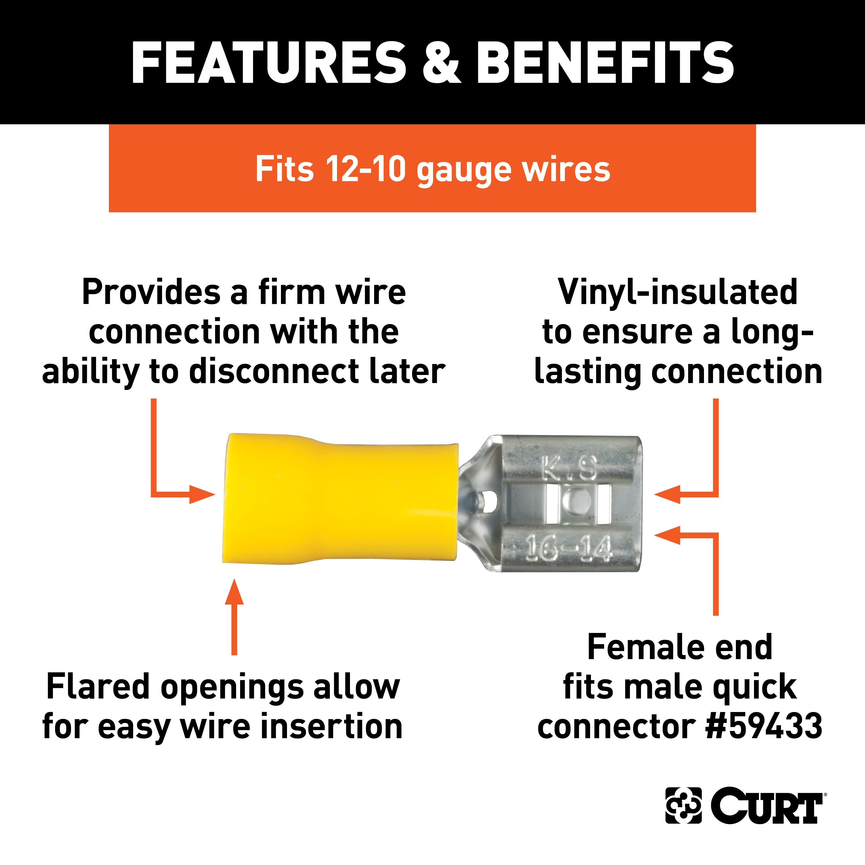 CURT 12-10 Gauge Yellow Vinyl-Insulated Female Wire Quick Connectors, 100-Pack Model 59593