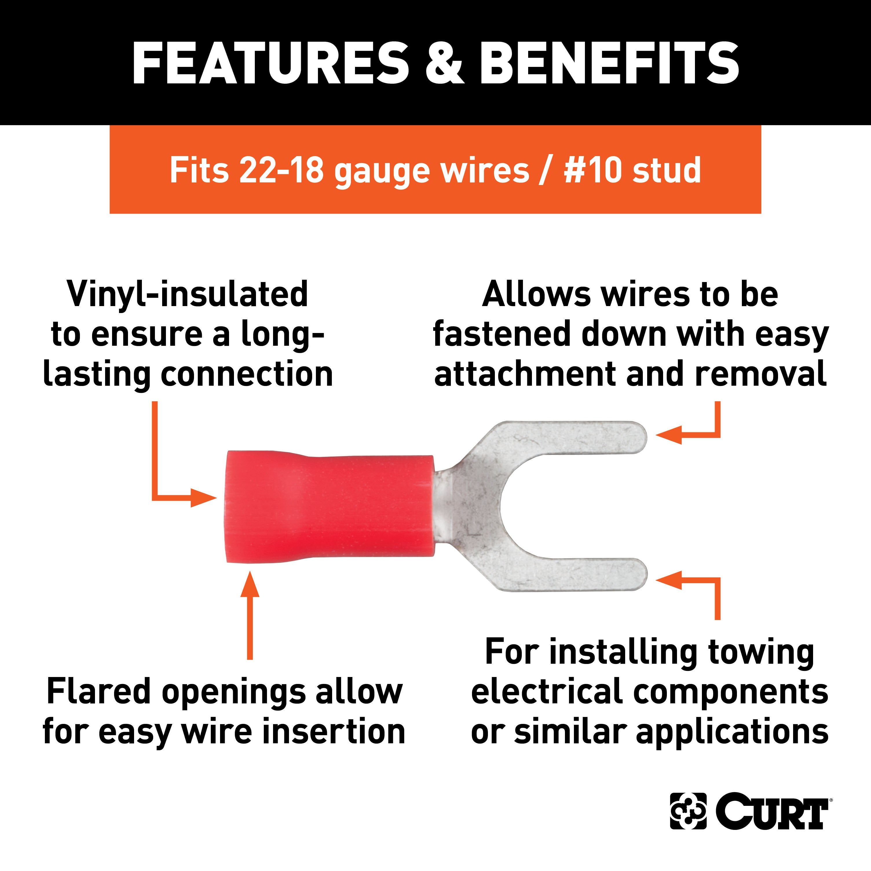 CURT 22-18 Gauge Red Vinyl-Insulated Spade Terminal Connectors, #10 Stud, 100-Pack Model 59611