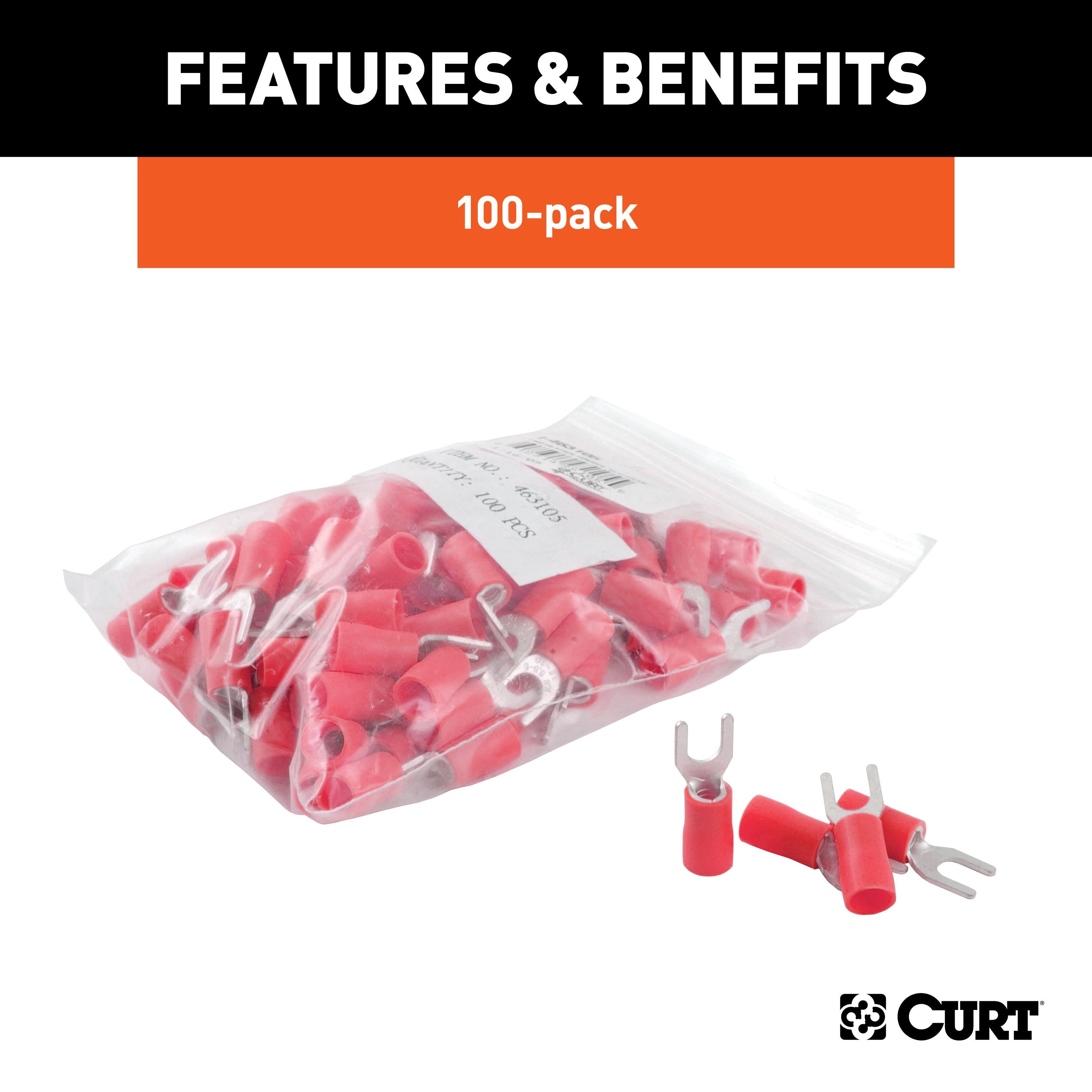 CURT 22-18 Gauge Red Vinyl-Insulated Spade Terminal Connectors, #10 Stud, 100-Pack Model 59611
