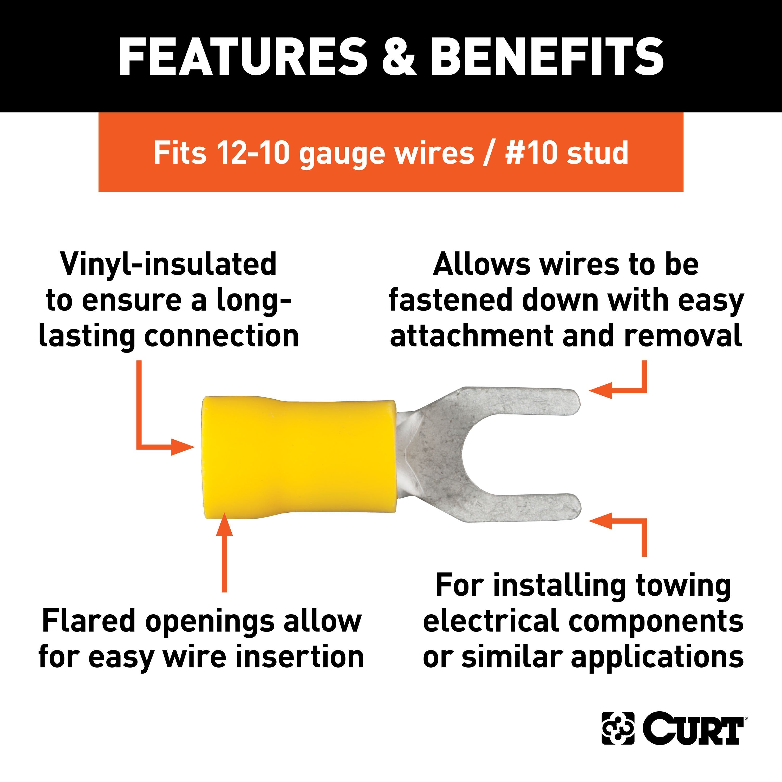 CURT 12-10 Gauge Yellow Vinyl-Insulated Spade Terminal Connectors, #10 Stud, 100-Pack Model 59631