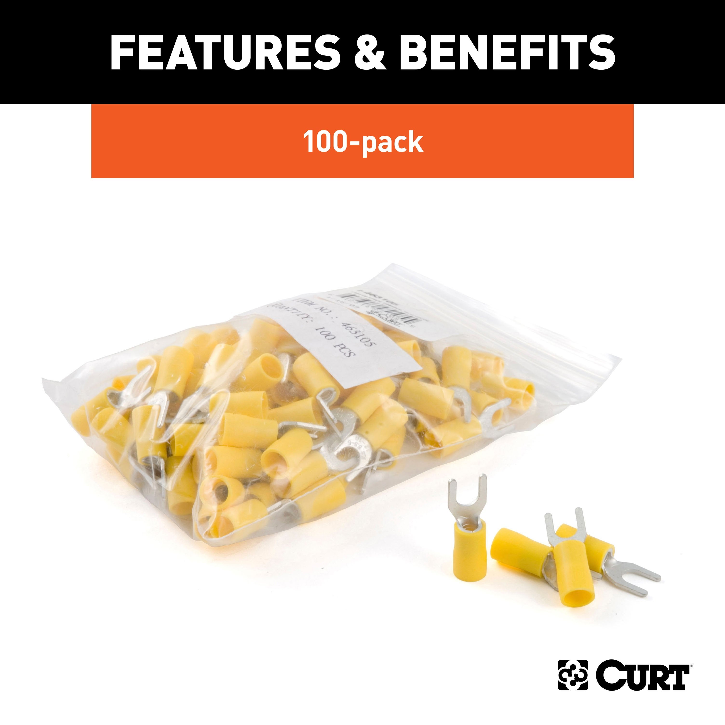 CURT 12-10 Gauge Yellow Vinyl-Insulated Spade Terminal Connectors, #10 Stud, 100-Pack Model 59631