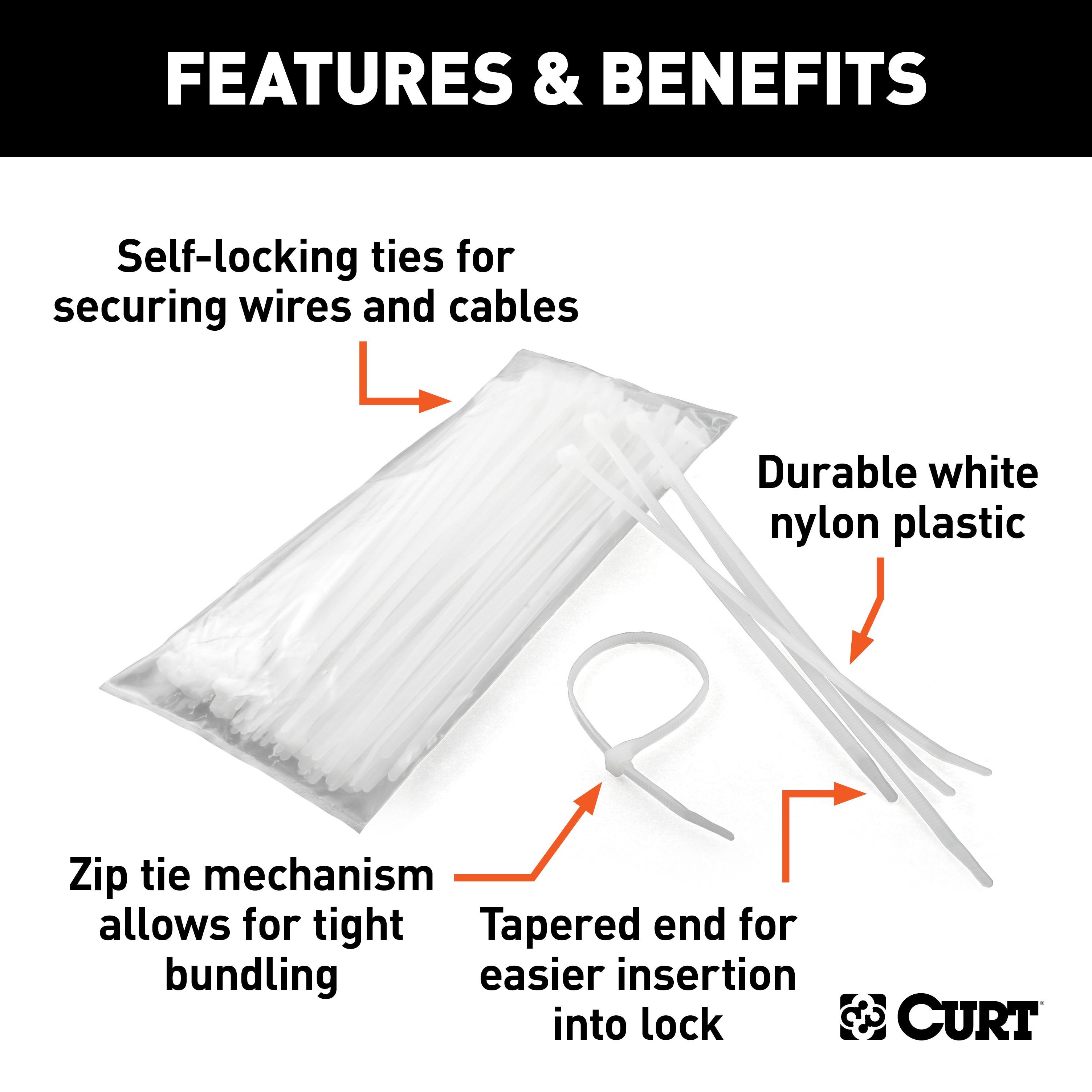 CURT Plastic Zip Ties, White, 7-1/4-Inch Long, 100-Pack Model 59728
