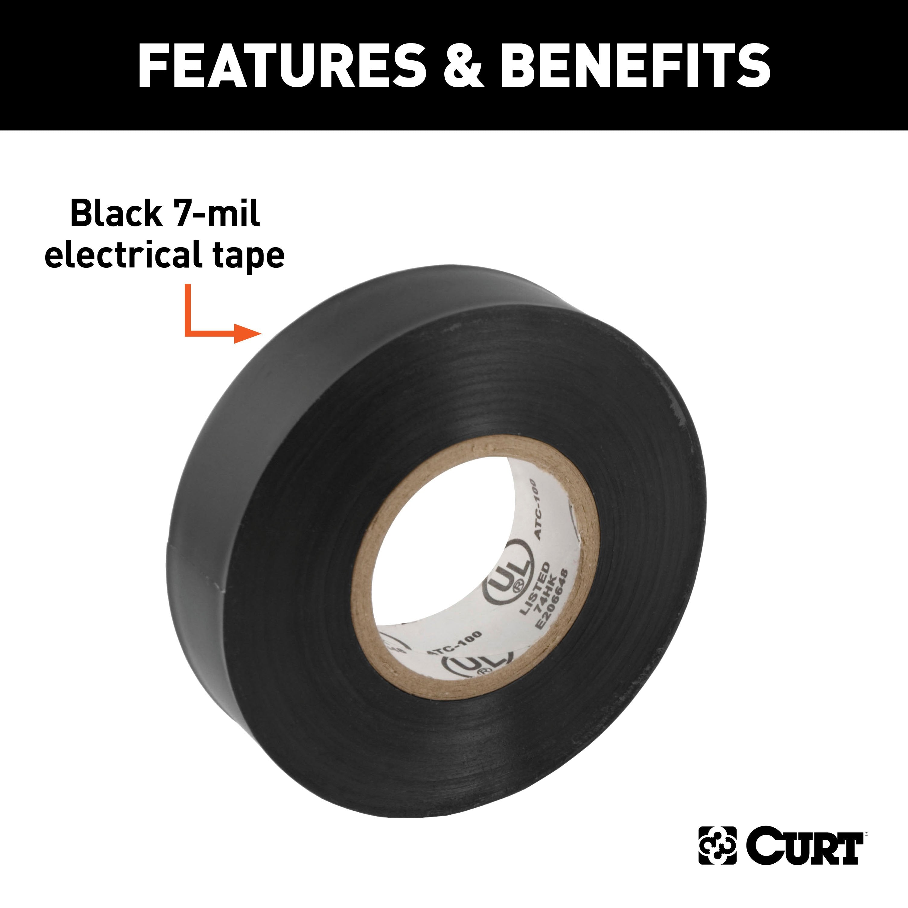 CURT Black Electrical Tape, 7 Mil, 3/4-Inch x 60-Foot Rolls, 10-Pack Model 59740