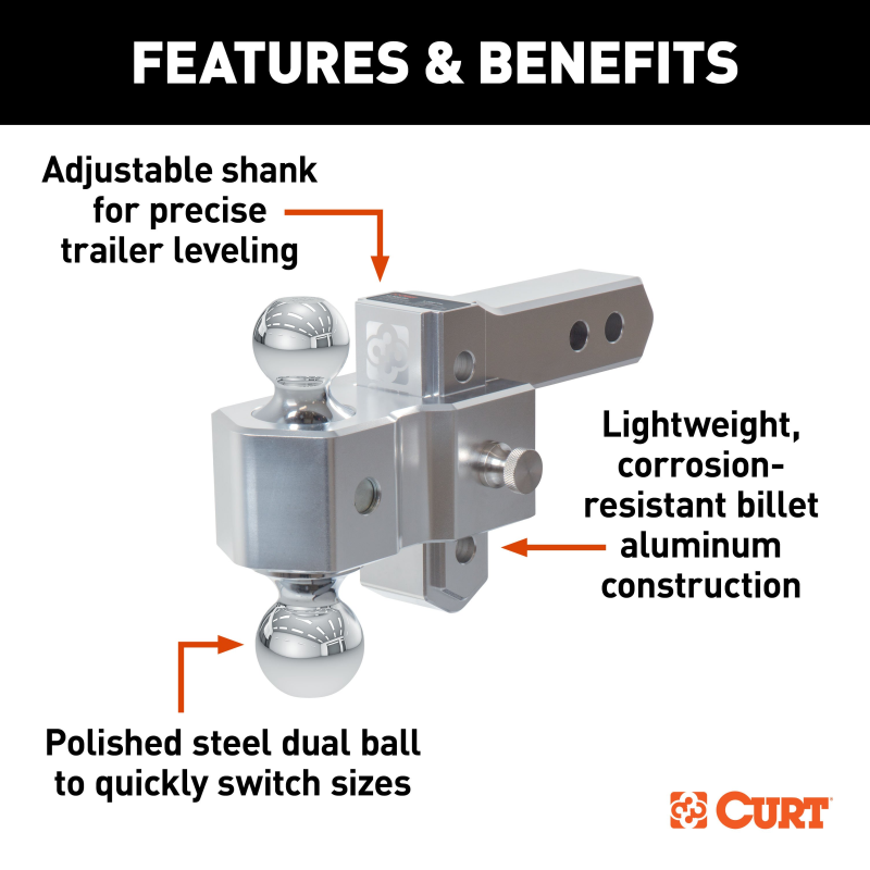 CURT AlumaLite Adjustable Aluminum Hitch with Dual Ball, 3-1/2" Drop Model 45364