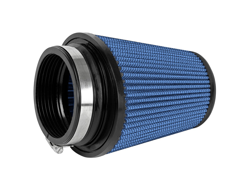 aFe Magnum FLOW Pro 5R round tapered air filter with blue mesh and black rubber base for OE replacement.