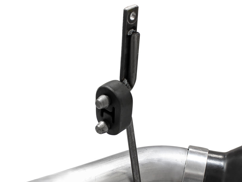 Close-up of the afe Large Bore-HD DPF-Back Exhaust System for 2011-2014 Ford Diesel Trucks, showcasing a mounting bracket and rubber isolator.