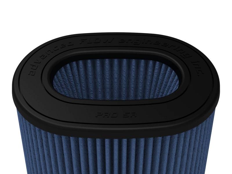 aFe MagnumFLOW Pro 5R Air Filter with a blue pleated design and black rubber top for enhanced airflow and performance.