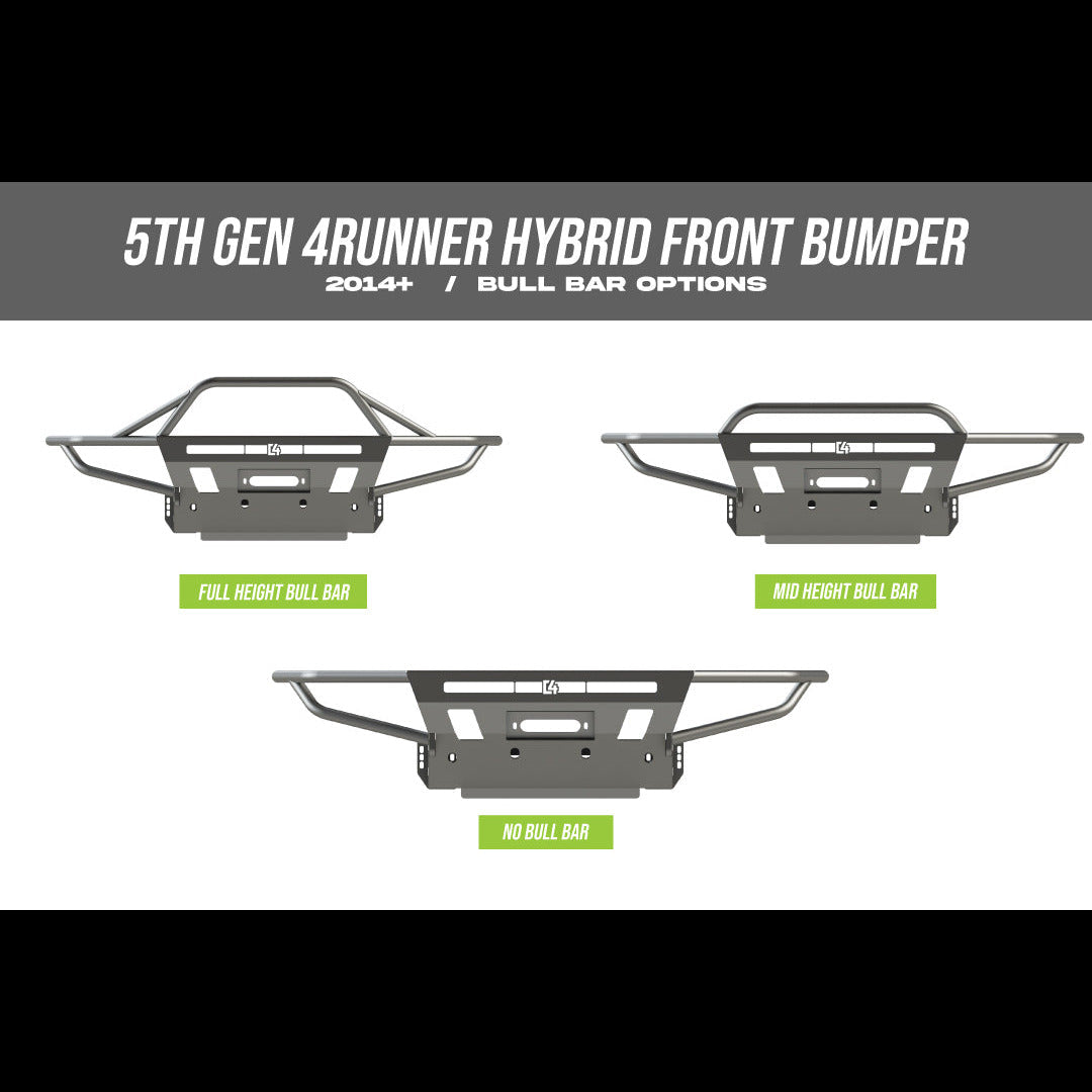 5th Gen 4Runner Hybrid Front Bumper options showcasing full height, mid height bull bar, and no bull bar configurations.