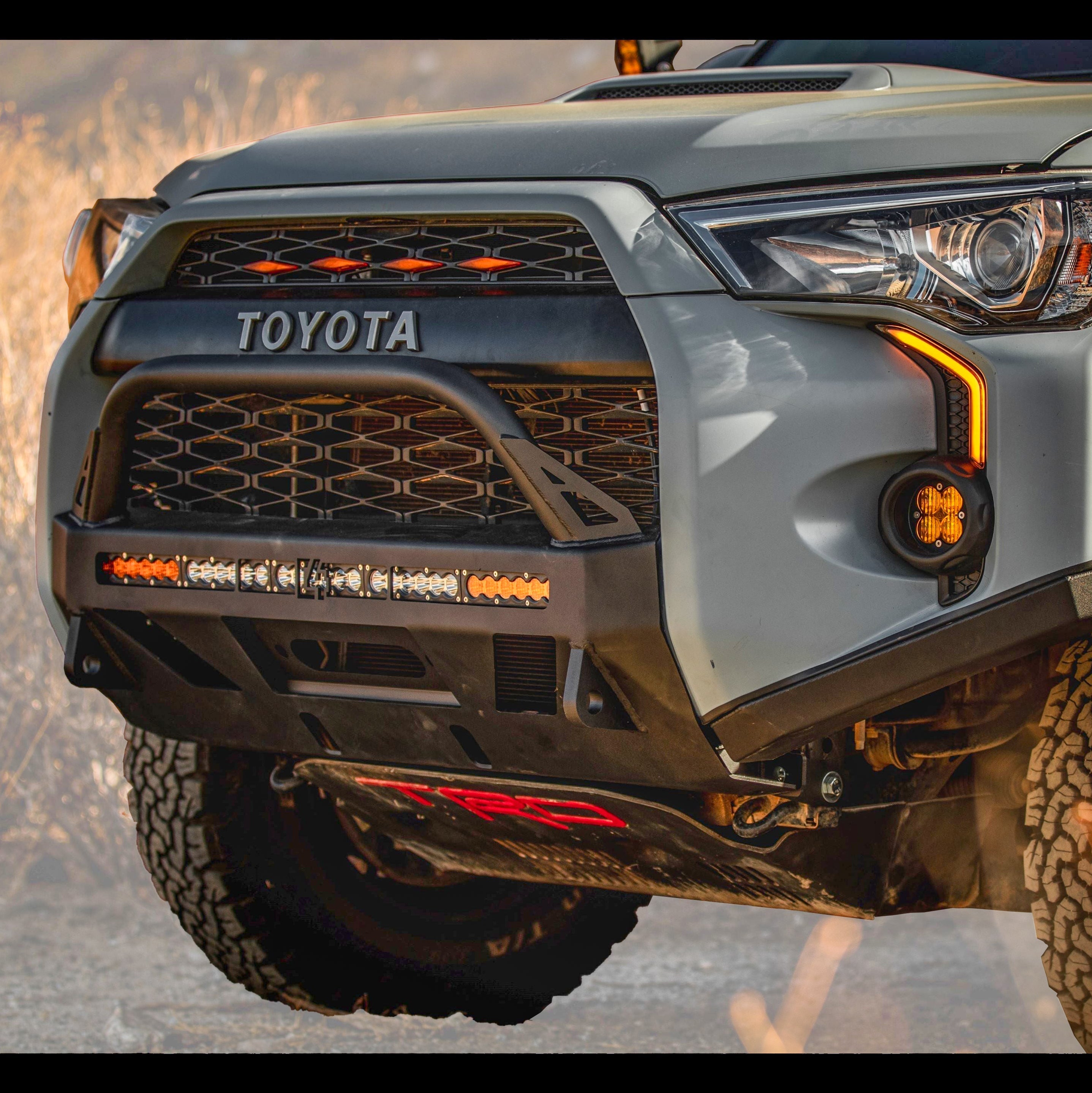 4Runner Lo-Pro winch bumper for 5th Gen models 2014-2024, featuring rugged design and integrated lighting for offroad performance.