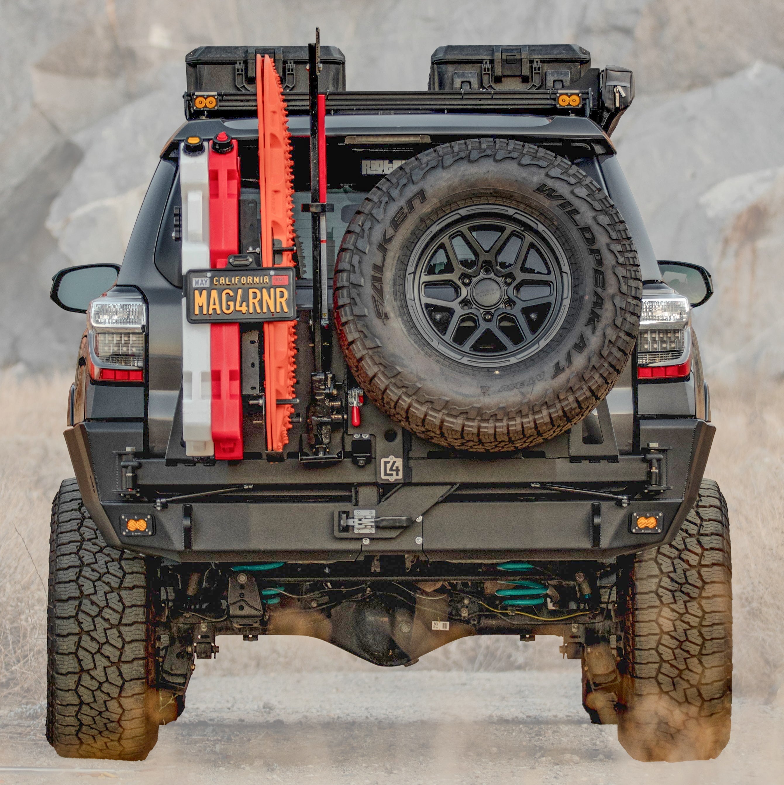 4Runner Overland Series rear bumper for 5th Gen models, featuring tire carrier and offroad accessories, ideal for adventure.