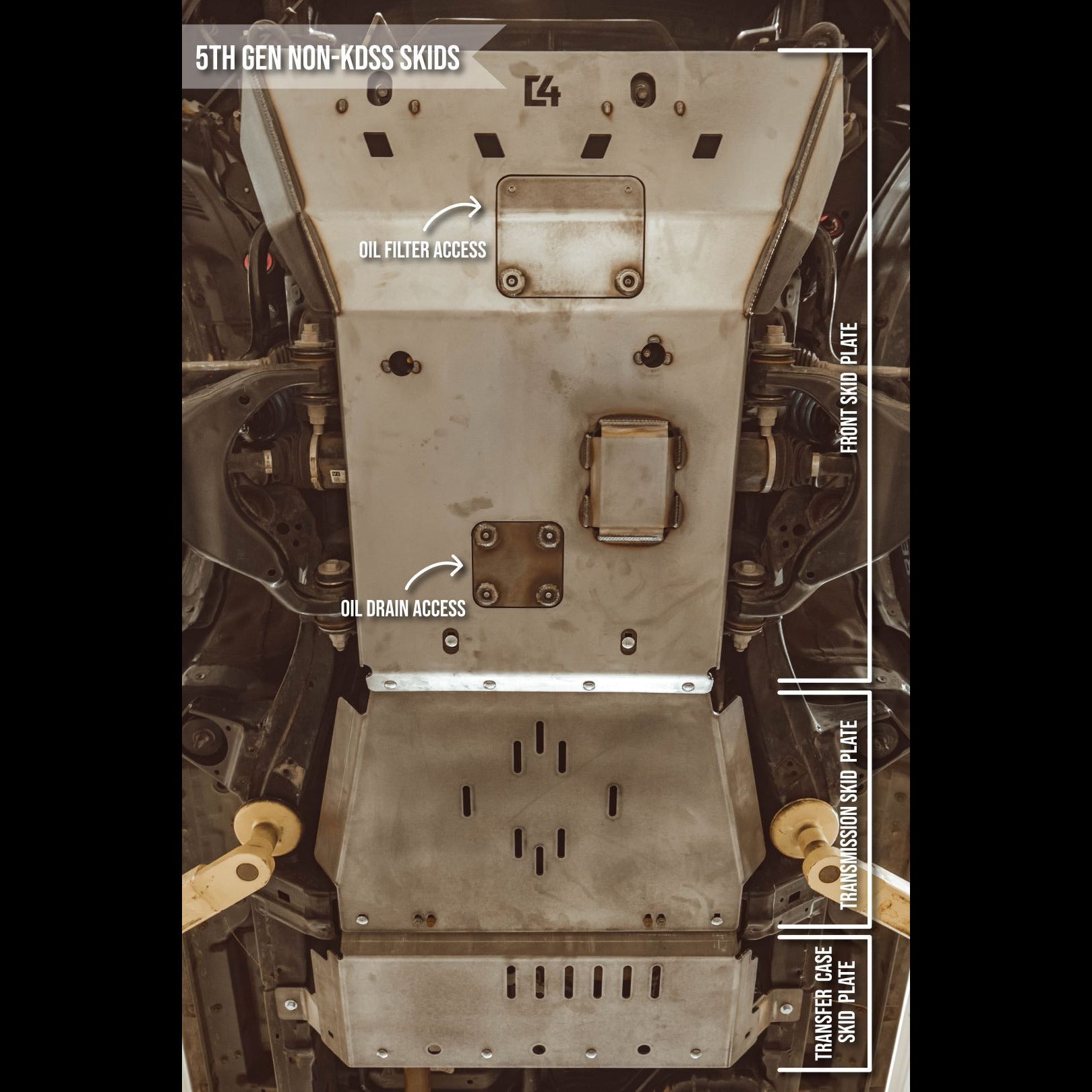 Full skid plates for 5th Gen 4Runner (2010+) showcasing oil filter and drain access points for enhanced underbody protection.