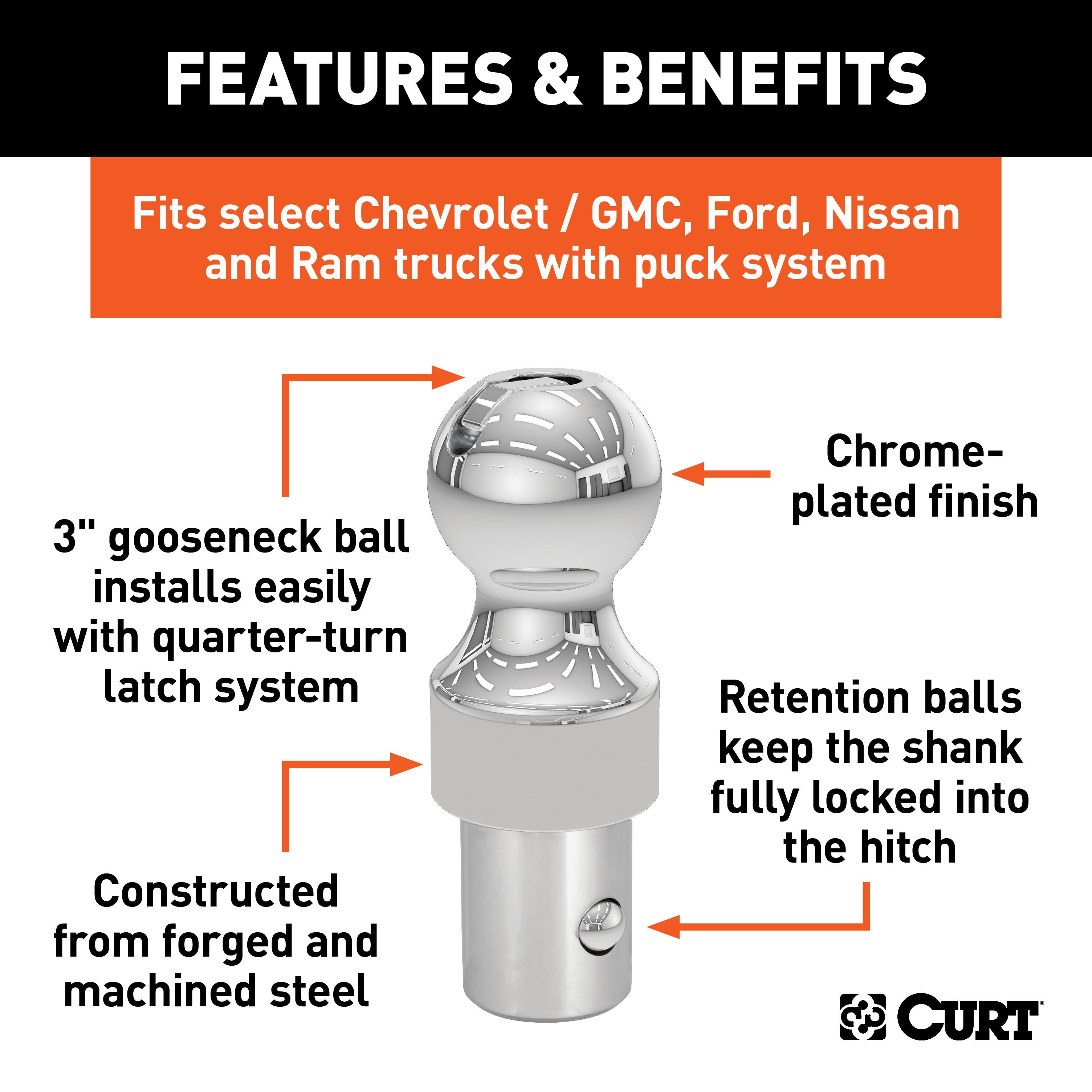 CURT 30K Factory Style 3-Inch Gooseneck Ball, Fits Select Chevrolet Ford, GMC, Nissan Titan XD, Ram, Puck System Required Model 60628